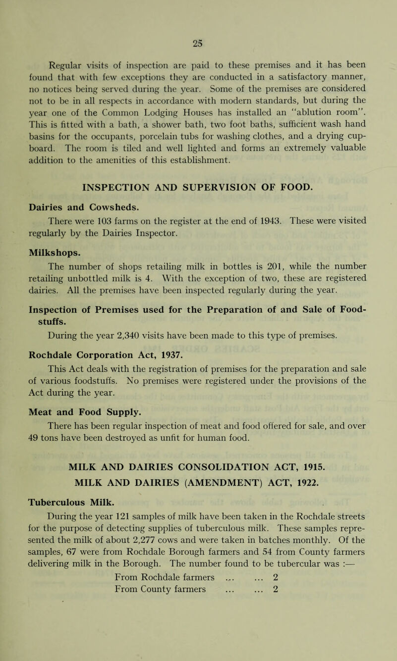 Regular visits of inspection are paid to these premises and it has been found that with few exceptions they are conducted in a satisfactory manner, no notices being served during the year. Some of the premises are considered not to be in all respects in accordance with modern standards, but during the year one of the Common Lodging Houses has installed an “ablution room”. This is fitted with a bath, a shower bath, two foot baths, sufficient wash hand basins for the occupants, porcelain tubs for washing clothes, and a drying cup¬ board. The room is tiled and well lighted and forms an extremely valuable addition to the amenities of this establishment. INSPECTION AND SUPERVISION OF FOOD. Dairies and Cowsheds. There were 103 farms on the register at the end of 1943. These were visited regularly by the Dairies Inspector. Milkshops. The number of shops retailing milk in bottles is 201, while the number retailing unbottled milk is 4. With the exception of two, these are registered dairies. All the premises have been inspected regularly during the year. Inspection of Premises used for the Preparation of and Sale of Food¬ stuffs. During the year 2,340 visits have been made to this type of premises. Rochdale Corporation Act, 1937. This Act deals with the registration of premises for the preparation and sale of various foodstuffs. No premises were registered under the provisions of the Act during the year. Meat and Food Supply. There has been regular inspection of meat and food offered for sale, and over 49 tons have been destroyed as unfit for human food. MILK AND DAIRIES CONSOLIDATION ACT, 1915. MILK AND DAIRIES (AMENDMENT) ACT, 1922. Tuberculous Milk. During the year 121 samples of milk have been taken in the Rochdale streets for the purpose of detecting supplies of tuberculous milk. These samples repre¬ sented the milk of about 2,277 cows and were taken in batches monthly. Of the samples, 67 were from Rochdale Borough farmers and 54 from County farmers delivering milk in the Borough. The number found to be tubercular was :— From Rochdale farmers .... ... 2 From County farmers ... ... 2