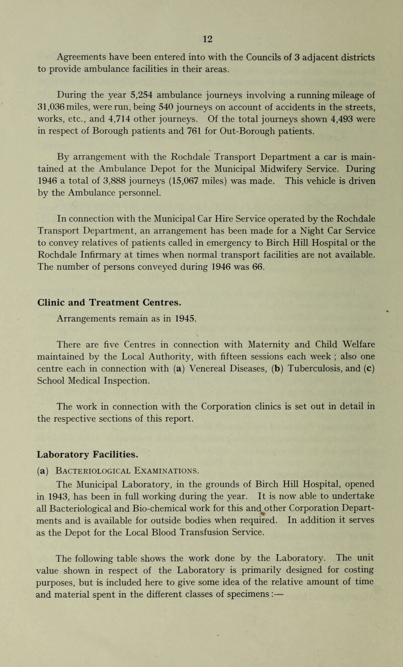 Agreements have been entered into with the Councils of 3 adjacent districts to provide ambulance facilities in their areas. During the year 5,254 ambulance journeys involving a running mileage of 31,036 miles, were run, being 540 journeys on account of accidents in the streets, works, etc., and 4,714 other journeys. Of the total journeys shown 4,493 were in respect of Borough patients and 761 for Out-Borough patients. By arrangement with the Rochdale Transport Department a car is main¬ tained at the Ambulance Depot for the Municipal Midwifery Service. During 1946 a total of 3,888 journeys (15,067 miles) was made. This vehicle is driven by the Ambulance personnel. In connection with the Municipal Car Hire Service operated by the Rochdale Transport Department, an arrangement has been made for a Night Car Service to convey relatives of patients called in emergency to Birch Hill Hospital or the Rochdale Infirmary at times when normal transport facilities are not available. The number of persons conveyed during 1946 was 66. Clinic and Treatment Centres. Arrangements remain as in 1945. There are five Centres in connection with Maternity and Child Welfare maintained by the Local Authority, with fifteen sessions each week ; also one centre each in connection with (a) Venereal Diseases, (b) Tuberculosis, and (c) School Medical Inspection. The work in connection with the Corporation clinics is set out in detail in the respective sections of this report. Laboratory Facilities. (a) Bacteriological Examinations. The Municipal Laboratory, in the grounds of Birch Hill Hospital, opened in 1943, has been in full working during the year. It is now able to undertake all Bacteriological and Bio-chemical work for this and other Corporation Depart¬ ments and is available for outside bodies when required. In addition it serves as the Depot for the Local Blood Transfusion Service. The following table shows the work done by the Laboratory. The unit value shown in respect of the Laboratory is primarily designed for costing purposes, but is included here to give some idea of the relative amount of time and material spent in the different classes of specimens:—