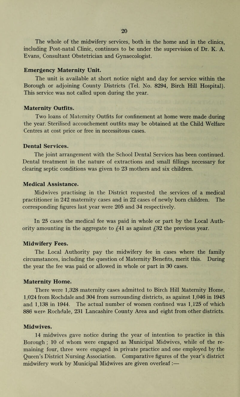 The whole of the midwifery services, both in the home and in the clinics, including Post-natal Clinic, continues to be under the supervision of Dr. K. A. Evans, Consultant Obstetrician and Gynaecologist. Emergency Maternity Unit. The unit is available at short notice night and day for service within the Borough or adjoining County Districts (Tel. No. 8294, Birch Hill Hospital). This service was not called upon during the year. Maternity Outfits. Two loans of Maternity Outfits for confinement at home were made during the year. Sterilised accouchement outfits may be obtained at the Child Welfare Centres at cost price or free in necessitous cases. Dental Services. The joint arrangement with the School Dental Services has been continued. Dental treatment in the nature of extractions and small fillings necessary for clearing septic conditions was given to 23 mothers and six children. Medical Assistance. Midwives practising in the District requested the services of a medical practitioner in 242 maternity cases and in 22 cases of newly born children. The corresponding figures last year were 205 and 34 respectively. In 25 cases the medical fee was paid in whole or part by the Local Auth¬ ority amounting in the aggregate to £41 as against £32 the previous year. Midwifery Fees. The Local Authority pay the midwifery fee in cases where the family circumstances, including the question of Maternity Benefits, merit this. During the year the fee was paid or allowed in whole or part in 30 cases. Maternity Home. There were 1,328 maternity cases admitted to Birch Hill Maternity Home, 1,024 from Rochdale and 304 from surrounding districts, as against 1,046 in 1945 and 1,138 in 1944. The actual number of women confined was 1,125 of which 886 were Rochdale, 231 Lancashire County Area and eight from other districts. Midwives. 14 midwives gave notice during the year of intention to practice in this Borough ; 10 of whom were engaged as Municipal Midwives, while of the re¬ maining four, three were engaged in private practice and one employed by the Queen’s District Nursing Association. Comparative figures of the year’s district midwifery work by Municipal Midwives are given overleaf :—