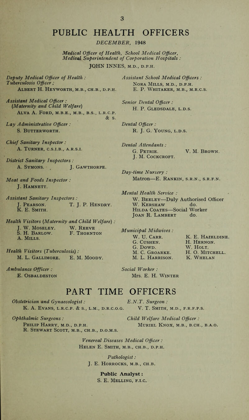 PUBLIC HEALTH OFFICERS DECEMBER, 1948 Medical Officer of Health, School Medical Officer, Medical Superintendent of Corporation Hospitals : JOHN INNES, m.d., d.p.h. Deputy Medical Officer of Health : Tuberculosis Officer ; Albert H. Hevworth, m.b., ch.b., d.p.h. Assistant School Medical Officers : Nora Mills, m.d., d.p.h. E. P. Whitaker, m.b., m.r.c.s. Assistant Medical Officer: (Maternity and Child Welfare) Alva A. Ford, m.b.e., m.b., b.s., Lay Administrative Officer: S. Butterworth. Senior Dental Officer : H. P. Gledsdale, l.d.s. • R.C.P. & S. Dental Officer : R. J. G. Young, l.d.s. Chief Sanitary Inspector: A. Turner, c.s.i.b., a.r.s.i. District Sanitary Inspectors : A. Symons. _ J. Gawthorpe. Meat and Foods Inspector : J. Hamnett. Assistant Sanitary Inspectors: J. Pearson. T. J. P. Hendry. K. E. Smith. Health Visitors (Maternity and Child Welfare) : J. W. Moseley. W. Reeve S. H. Barlow. F. Thornton A. Mills. Health Visitors (Tuberculosis): M. L. Gallimore. E. M. Moody. Dental Attendants: G. Petrie. V. M. Brown. J. M. Cockcroft. Day-time Nursery : Matron—E. Rankin, s.r.n., s.r.f.n. Mental Health Service : W. Beeley—Duly Authorised Officer W. Kershaw do. Hilda Coates—Social Worker Joan R. Lambert Municipal Midwives : W. U. Carr. G. CUSHEN. G. Dowd. M. C. Groarke. M. L. Harrison. do. K. E. Hazeldine. H. Hernon. W. Holt. H. O. Mitchell. K. Whelan Ambulance Officer : E. OSBALDESTON Social Worker : Mrs. E. H. Winter PART TIME OFFICERS Obstetrician and Gynaecologist: K. A. Evans, l.r.c.p. & s., l.m., d.r.c.o.g. E.N.T. Surgeon : V. T. Smith, m.d., f.r.f.p.s. Ophthalmic Surgeons : Child Welfare Medical Officer : Philip Harry, m.d., d.p.h. Muriel Knox, m.b., b.ch., b.a.o. R. Stewart Scott, m.b., ch.b., d.o.m.s. Venereal Diseases Medical Officer : Helen E. Smith, m.b., ch.b., d.p.h. Pathologist: J. E. Horrocks, m.b., ch.b. Public Analyst: S. E. Melling, f.i.c.