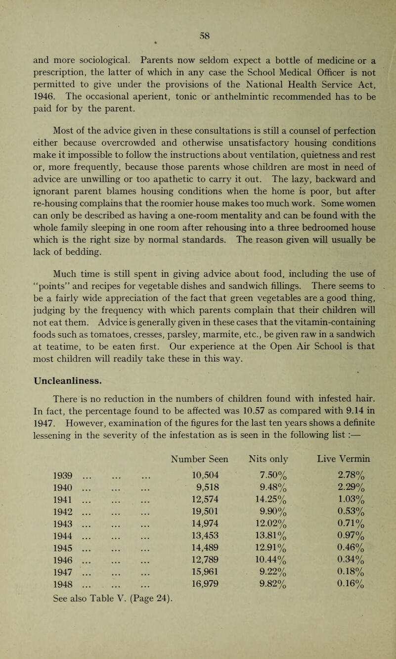 and more sociological. Parents now seldom expect a bottle of medicine or a prescription, the latter of which in any case the School Medical Officer is not permitted to give under the provisions of the National Health Service Act, 1946. The occasional aperient, tonic or anthelmintic recommended has to be paid for by the parent. Most of the advice given in these consultations is still a counsel of perfection either because overcrowded and otherwise unsatisfactory housing conditions make it impossible to follow the instructions about ventilation, quietness and rest or, more frequently, because those parents whose children are most in need of advice are unwilling or too apathetic to carry it out. The lazy, backward and ignorant parent blames housing conditions when the home is poor, but after re-housing complains that the roomier house makes too much work. Some women can only be described as having a one-room mentality and can be found with the whole family sleeping in one room after rehousing into a three bedroomed house which is the right size by normal standards. The reason given will usually be lack of bedding. Much time is still spent in giving advice about food, including the use of “points” and recipes for vegetable dishes and sandwich fillings. There seems to be a fairly wide appreciation of the fact that green vegetables are a good thing, judging by the frequency with which parents complain that their children will not eat them. Advice is generally given in these cases that the vitamin-containing foods such as tomatoes, cresses, parsley, marmite, etc., be given raw in a sandwich at teatime, to be eaten first. Our experience at the Open Air School is that most children will readily take these in this way. Uncleanliness. There is no reduction in the numbers of children found with infested hair. In fact, the percentage found to be affected was 10.57 as compared with 9.14 in 1947. However, examination of the figures for the last ten years shows a definite lessening in the severity of the infestation as is seen in the following list:— Number Seen Nits only Live Vermin 1939 . 10,504 7.50% 2.78% 1940 . 9,518 9.48% 2.29% 1941 . 12,574 14.25% 1.03% 1942 . 19,501 9.90% 0.53% 1943 . 14,974 12.02% 0.71% 1944 . 13,453 13.81% 0.97% 1945 . 14,489 12.91% 0.46% 1946 . 12,789 10.44% 0.34% 1947 . 15,961 9.22% 0.18% 1948 . 16,979 9.82% 0.16% See also Table V. (Page 24)