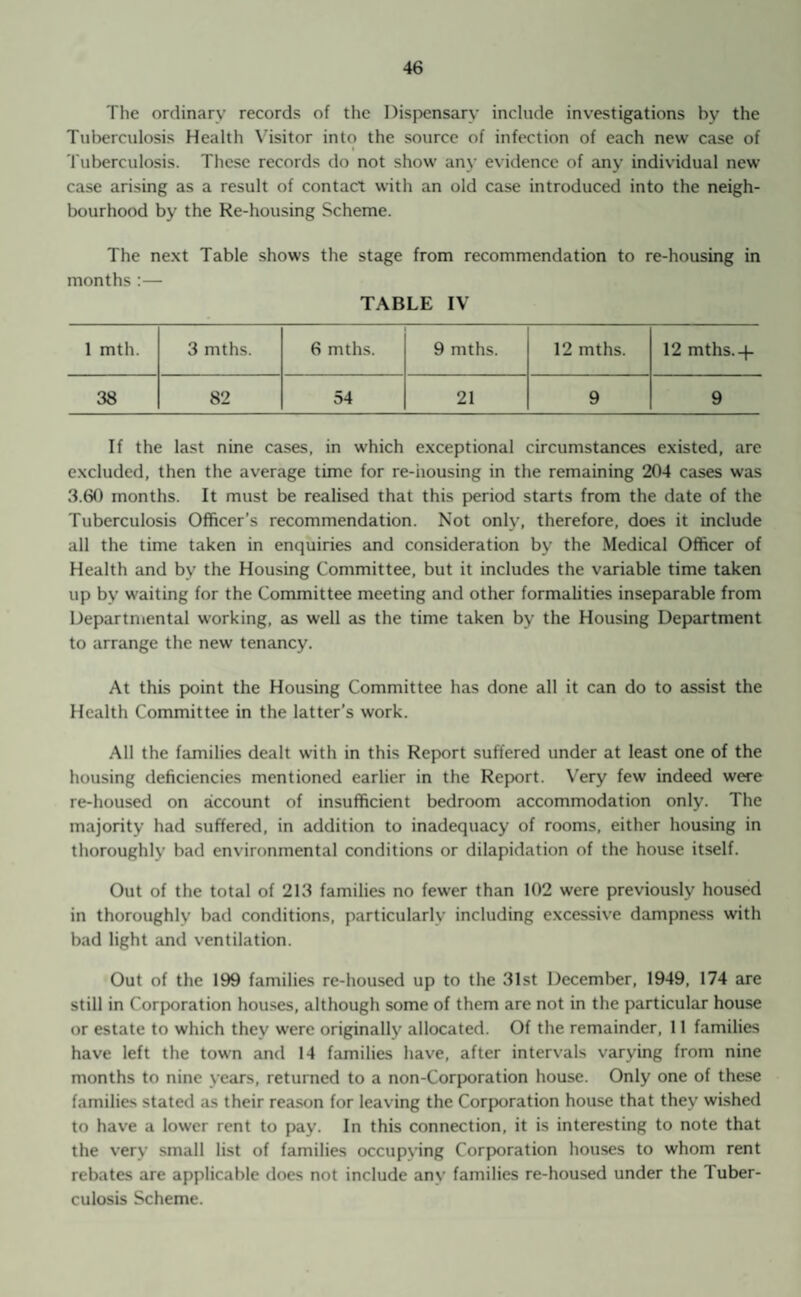 The ordinary records of the Dispensary include investigations by the Tuberculosis Health Visitor into the source of infection of each new case of Tuberculosis. These records do not show any evidence of any individual new case arising as a result of contact with an old case introduced into the neigh¬ bourhood by the Re-housing Scheme. The next Table shows the stage from recommendation to re-housing in months :— TABLE IV 1 mth. 3 mths. 6 mths. 9 mths. 12 mths. 12 mths.-f- 38 82 54 21 9 9 If the last nine cases, in which exceptional circumstances existed, are excluded, then the average time for re-iiousing in the remaining 204 cases was 3.60 months. It must be realised that this period starts from the date of the Tuberculosis Officer’s recommendation. Not only, therefore, does it include all the time taken in enquiries and consideration by the Medical Officer of Health and by the Housing Committee, but it includes the variable time taken up by waiting for the Committee meeting and other formalities inseparable from Departmental working, as well as the time taken by the Housing Department to arrange the new tenancy. At this point the Housing Committee has done all it can do to assist the Health Committee in the latter’s work. All the families dealt with in this Report suffered under at least one of the housing deficiencies mentioned earlier in the Report. Very few indeed were re-housed on aiccount of insufficient bedroom accommodation only. The majority had suffered, in addition to inadequacy of rooms, either housing in thoroughly bad environmental conditions or dilapidation of the house itself. Out of the total of 213 families no fewer than 102 were previously housed in thoroughly bad conditions, particularly including excessive dampness with bad light and ventilation. Out of the 199 families re-housed up to the 31st December, 1949, 174 are still in Corporation houses, although some of them are not in the particular house or estate to which they were originally allocated. Of the remainder, 11 families have left the town and 14 families have, after intervals varying from nine months to nine years, returned to a non-Corporation house. Only one of these families stated as their reason for leaving the Corporation house that they wished to have a lower rent to pay. In this connection, it is interesting to note that the very small list of families occupying Corporation houses to whom rent rebates are applicable does not include any families re-housed under the Tuber¬ culosis Scheme.