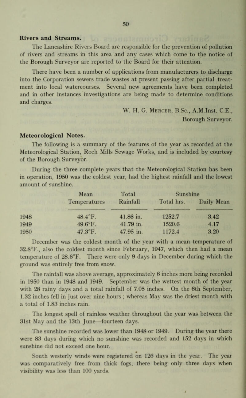 Rivers and Streams. The Lancashire Rivers Board are responsible for the prevention of pollution of rivers and streams in this area and any cases which come to the notice of the Borough Surveyor are reported to the Board for their attention. There have been a number of applications from manufacturers to discharge into the Corporation sewers trade wastes at present passing after partial treat¬ ment into local watercourses. Several new agreements have been completed and in other instances investigations are being made to determine conditions and charges. W. H. G. Mercer, B.Sc., A.M.Inst. C.E., Borough Surveyor. Meteorological Notes. The following is a summary of the features of the year as recorded at the Meteorological Station, Roch Mills Sewage Works, and is included by courtesy of the Borough Surveyor. During the three complete years that the Meteorological Station has been in operation, 1950 was the coldest year, had the highest rainfall and the lowest amount of sunshine. Mean Total Sunshine Temperatures Rainfall Total hrs. Daily Mean 1948 48 4°F. 41.86 in. 1252.7 3.42 1949 49.6°F. 41.79 in. 1520.6 4.17 1950 47.3°F. 47.95 in. 1172.4 3.20 December was the coldest month of the year with a mean temperature of 32.8°F., also the coldest month since February, 1947, which then had a mean temperature of 28.6°F. There were only 9 days in December during which the ground was entirely free from snow. The rainfall was above average, approximately 6 inches more being recorded in 1950 than in 1948 and 1949. September was the wettest month of the year with 28 rainy days and a total rainfall of 7.05 inches. On the 6th September, 1.32 inches fell in just over nine hours ; whereas May was the driest month with a total of 1.83 inches rain. The longest spell of rainless weather throughout the year was between the 31st May and the 13th June—fourteen days. The sunshine recorded was lower than 1948 or 1949. During the year there were 83 days during which no sunshine was recorded and 152 days in which sunshine did not exceed one hour. 0 South westerly winds were registered on 126 days in the year. The year was comparatively free from thick fogs, there being only three days when visibility was less than 100 yards.