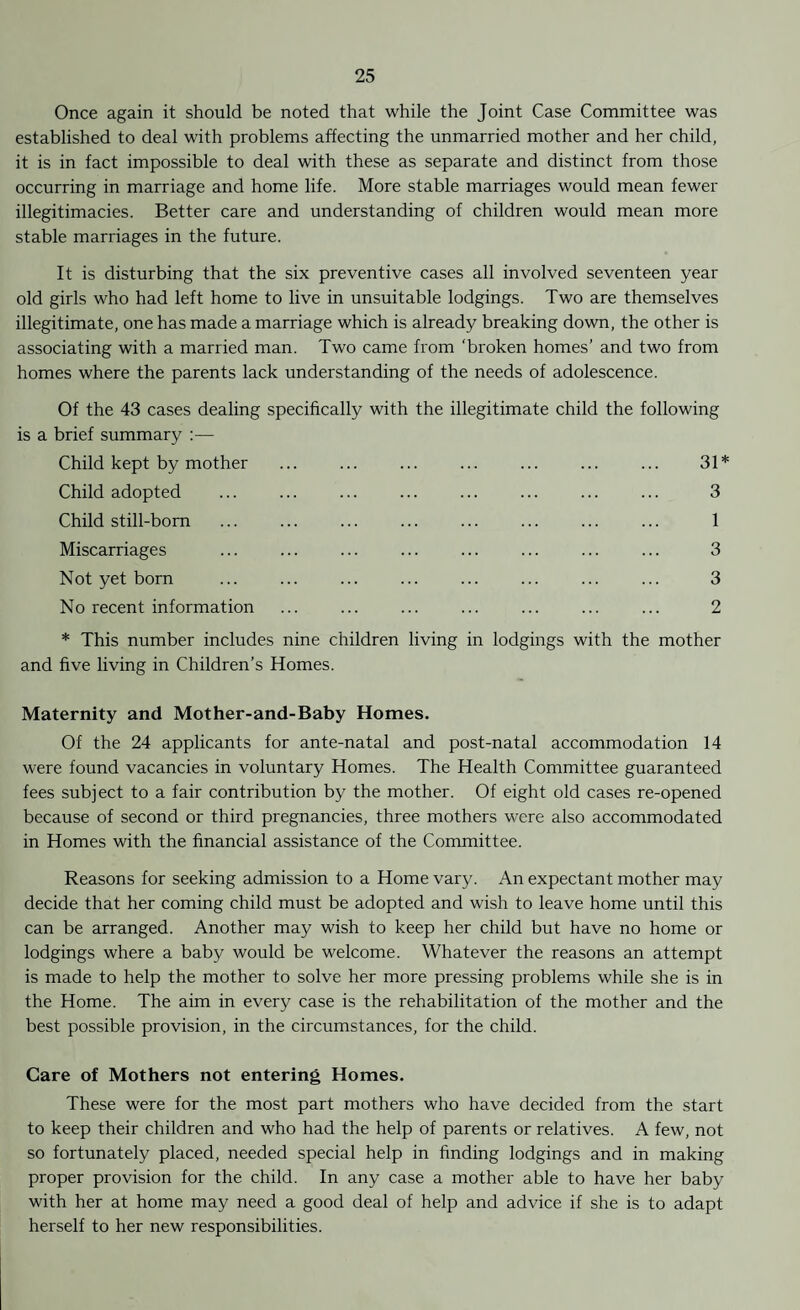 Once again it should be noted that while the Joint Case Committee was established to deal with problems affecting the unmarried mother and her child, it is in fact impossible to deal with these as separate and distinct from those occurring in marriage and home life. More stable marriages would mean fewer illegitimacies. Better care and understanding of children would mean more stable marriages in the future. It is disturbing that the six preventive cases all involved seventeen year old girls who had left home to live in unsuitable lodgings. Two are themselves illegitimate, one has made a marriage which is already breaking down, the other is associating with a married man. Two came from ‘broken homes’ and two from homes where the parents lack understanding of the needs of adolescence. Of the 43 cases dealing specifically with the illegitimate child the following is a brief summary :— Child kept by mother ... ... ... ... ... ... ... 31* Child adopted ... ... ... ... ... ... ... ... 3 Child still-born ... ... ... ... ... ... ... ... 1 Miscarriages ... ... ... ... ... ... ... ... 3 Not yet born ... ... ... ... ... ... ... ... 3 No recent information ... ... ... ... ... ... ... 2 * This number includes nine children living in lodgings with the mother and five living in Children’s Homes. Maternity and Mother-and-Baby Homes. Of the 24 applicants for ante-natal and post-natal accommodation 14 were found vacancies in voluntary Homes. The Health Committee guaranteed fees subject to a fair contribution by the mother. Of eight old cases re-opened because of second or third pregnancies, three mothers were also accommodated in Homes with the financial assistance of the Committee. Reasons for seeking admission to a Home vary. An expectant mother may decide that her coming child must be adopted and wish to leave home until this can be arranged. Another may wish to keep her child but have no home or lodgings where a baby would be welcome. Whatever the reasons an attempt is made to help the mother to solve her more pressing problems while she is in the Home. The aim in every case is the rehabilitation of the mother and the best possible provision, in the circumstances, for the child. Care of Mothers not entering Homes. These were for the most part mothers who have decided from the start to keep their children and who had the help of parents or relatives. A few, not so fortunately placed, needed special help in finding lodgings and in making proper provision for the child. In any case a mother able to have her baby with her at home may need a good deal of help and advice if she is to adapt herself to her new responsibilities.