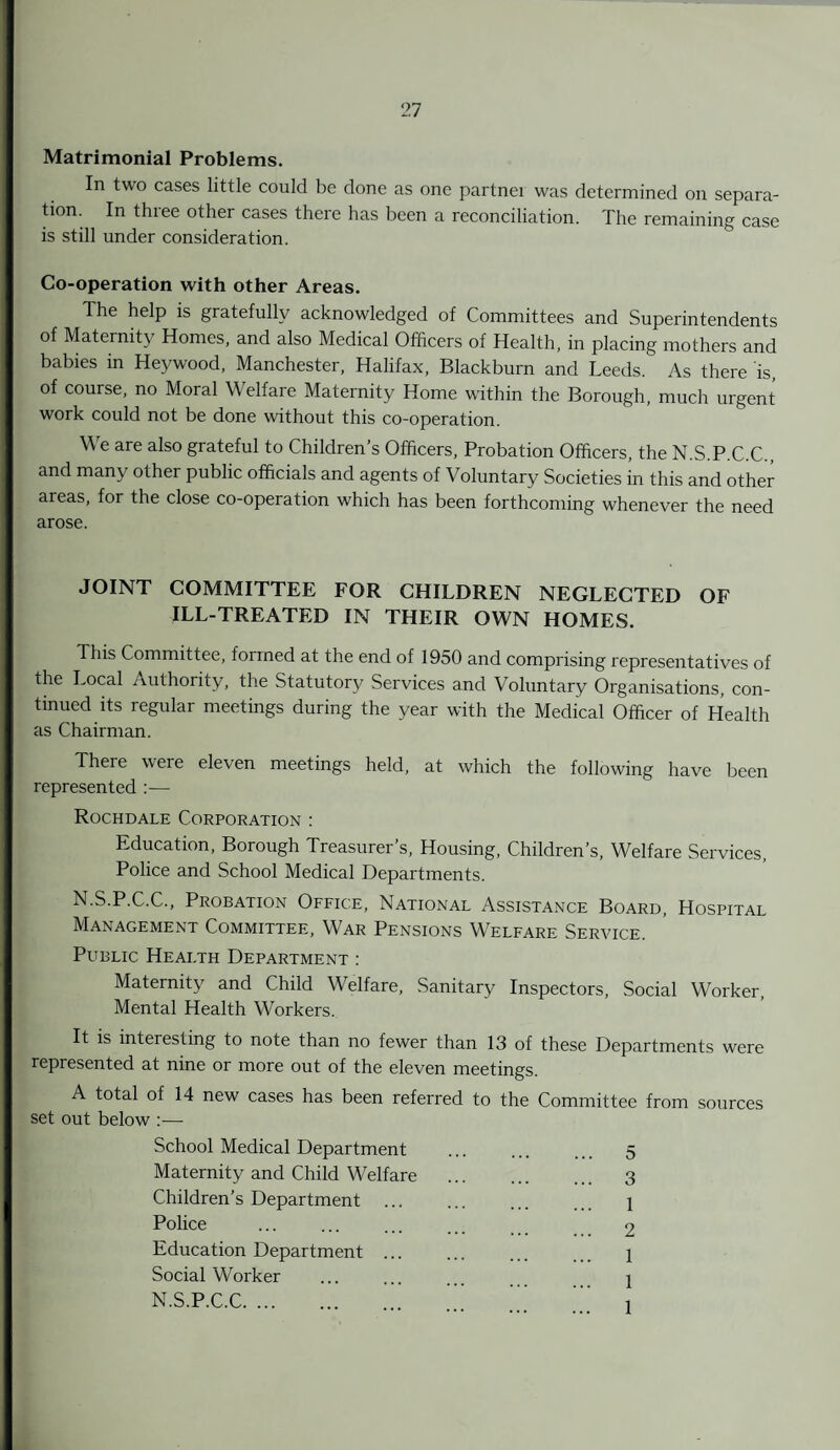 Matrimonial Problems. In two cases little could be done as one partner was determined on separa¬ tion. In three other cases there has been a reconciliation. The remaining case is still under consideration. Co-operation with other Areas. The help is gratefully acknowledged of Committees and Superintendents of Maternity Homes, and also Medical Officers of Health, in placing mothers and babies in Heywood, Manchester, Halifax, Blackburn and Leeds. As there is, of course, no Moral Welfare Maternity Home within the Borough, much urgent work could not be done without this co-operation. We are also grateful to Children’s Officers, Probation Officers, the N.S.P.C.C., and many other public officials and agents of Voluntary Societies in this and other areas, for the close co-operation which has been forthcoming whenever the need arose. JOINT COMMITTEE FOR CHILDREN NEGLECTED OF ILL-TREATED IN THEIR OWN HOMES. This Committee, formed at the end of 1950 and comprising representatives of the Local Authority, the Statutory Services and Voluntary Organisations, con¬ tinued its regular meetings during the year with the Medical Officer of Health as Chairman. There were eleven meetings held, at which the following have been represented :— Rochdale Corporation : Education, Borough Treasurer’s, Housing, Children’s, Welfare Services, Police and School Medical Departments. N.S.P.C.C., Probation Office, National Assistance Board, Hospital Management Committee, War Pensions Welfare Service. Public Health Department : Maternity and Child Welfare, Sanitary Inspectors, Social Worker, Mental Health Workers. It is interesting to note than no fewer than 13 of these Departments were represented at nine or more out of the eleven meetings. A total of 14 new cases has been referred to the Committee from sources set out below :— School Medical Department ... ... ... 5 Maternity and Child Welfare . 3 Children’s Department ... ... ... 1 Police ... ... ... ... 2 Education Department. 1 Social Worker ... ... ... 1 N.S.P.C.C. 1