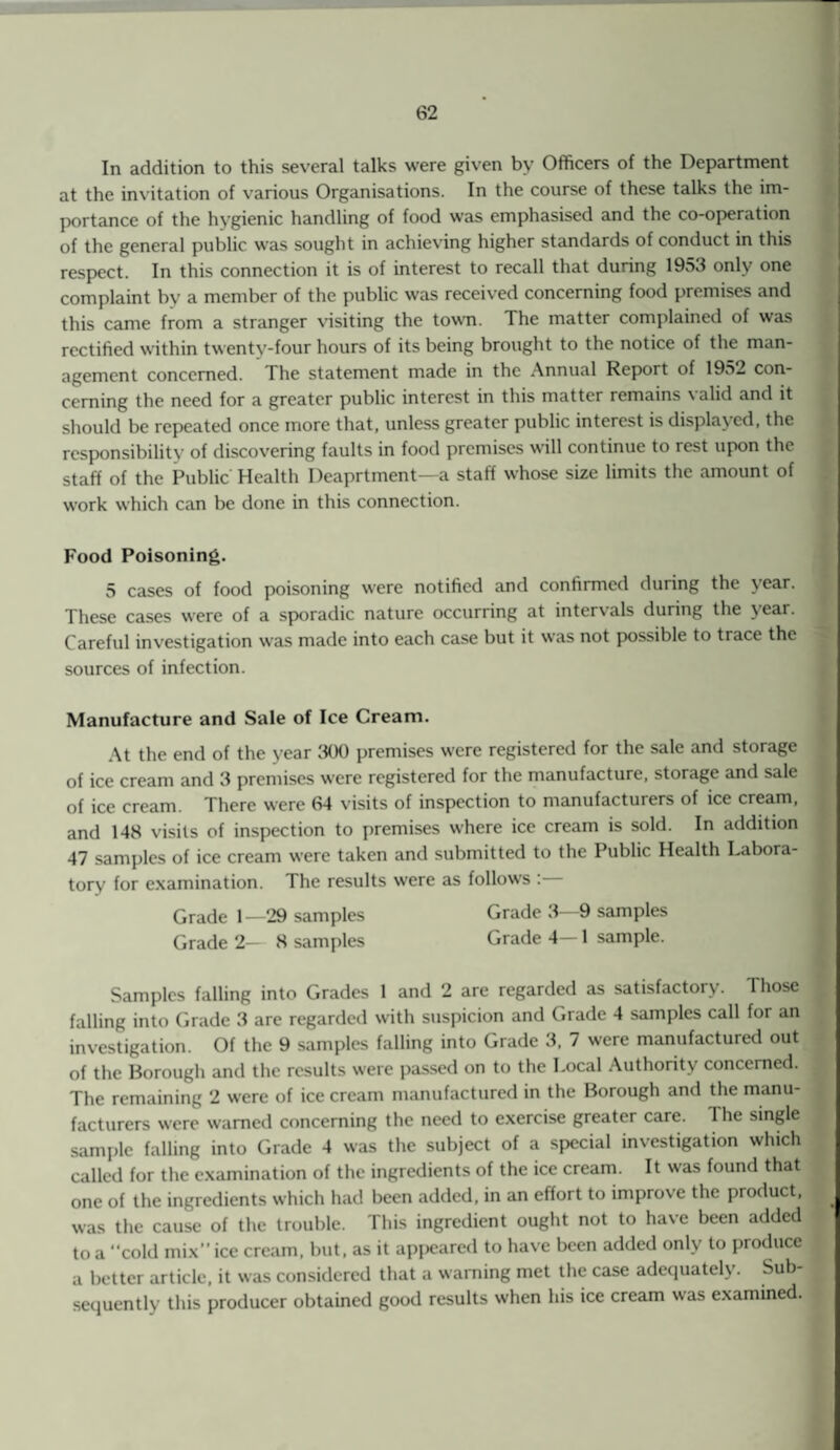 In addition to this several talks were given by Officers of the Department at the invitation of various Organisations. In the course of these talks the im¬ portance of the hygienic handling of food was emphasised and the co-operation of the general public was sought in achieving higher standards of conduct in this respect. In this connection it is of interest to recall that during 1953 only one complaint by a member of the public was received concerning food premises and this came from a stranger visiting the town. The matter complained of was rectified within twenty-four hours of its being brought to the notice of the man¬ agement concerned. The statement made in the Annual Report of 1952 con¬ cerning the need for a greater public interest in this matter remains valid and it should be repeated once more that, unless greater public interest is displayed, the responsibility of discovering faults in food premises will continue to rest upon the staff of the Public Health Deaprtment—a staff whose size limits the amount of work which can be done in this connection. Food Poisoning. 5 cases of food poisoning were notified and confirmed during the year. These cases were of a sporadic nature occurring at intervals during the \ear. Careful investigation was made into each case but it was not possible to trace the sources of infection. Manufacture and Sale of Ice Cream. At the end of the year 300 premises were registered for the sale and storage of ice cream and 3 premises were registered for the manufacture, storage and sale of ice cream. There were 64 visits of inspection to manufacturers of ice cream, and 148 visits of inspection to premises where ice cream is sold. In addition 47 samples of ice cream were taken and submitted to the Public Health Labora¬ tory for examination. The results were as follows : Grade 1—29 samples Grade 3—9 samples Grade 2- 8 samples Grade 4— 1 sample. Samples falling into Grades 1 and 2 are regarded as satisfactory. Those falling into Grade 3 are regarded with suspicion and Grade 4 samples call for an investigation. Of the 9 samples falling into Grade 3, 7 were manufactured out of the Borough and the results were passed on to the Local Authority concerned. The remaining 2 were of ice cream manufactured in the Borough and the manu¬ facturers were warned concerning the need to exercise greater care. The single sample falling into Grade 4 was the subject of a special investigation which called for the examination of the ingredients of the ice cream. It was found that one of the ingredients which had been added, in an effort to improve the product, was the cause of the trouble. This ingredient ought not to have been added to a cold mix” ice cream, but, as it appeared to have been added only to produce a better article, it was considered that a warning met the case adequately. Sub¬ sequently this producer obtained good results when his ice cream was examined.