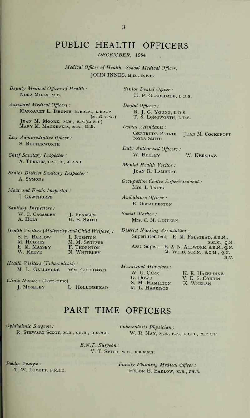 PUBLIC HEALTH OFFICERS DECEMBER, 1954 Medical Officer of Health, School Medical Officer, JOHN INNES, m.d., d.p.h. Deputy Medical Officer of Health : Nora Mills, m.d. Assistant Medical Officers: Margaret L. Dennis, m.r.c.s., l.r.c.p. (m. & c.w.) Jean M. Moore, m.b., b.s.(lond.) Mary M. Mackenzie, m.b., Ch.B. Lay Administrative Officer: S. Butterworth Chief Sanitary Inspector: A. Turner, c.s.i.b., a.r.s.i. Senior District Sanitary Inspector : A. Symons Meat and Foods Inspector : J. Gawthorpe Sanitary Inspectors: W. C. Crossley J. Pearson A. Holt K. E. Smith Health Visitors (Maternity and Child Welfare) : S. H. Barlow I. Rushton M. Hughes M. M. Switzer E. M. Massey F. Thornton W. Reeve N. Whiteley Health Visitors (Tuberculosis): M. L. Gallimore Wm. Gulliford Clinic Nurses: (Part-time) J. Moseley L. Hollinshead Senior Dental Officer: H. P. Gledsdale, l.d.s. Dental Officers : R. J. G. Young, l.d.s. T. S. Longworth, l.d.s. Dental Attendants: Gertrude Petrie Jean M. Cockcroft Nora Smith Duly Authorised Officers : W. Beeley W. Kershaw Mental Health Visitor: Joan R. Lambert Occupation Centre Superintendent: Mrs. I. Tafts Ambulance Officer : E. OSBALDESTON Social Worker : Mrs. C. M. Lintern District Nursing Association : Superintendent—E. M. Felstead, s.r.n., s.c.m., q.N. Asst. Super.—B. A. N. Allwork, s.r.n., q.n. M. Wild, s.r.n., s.c.m., q.n. H.V. Municipal Midwives : W. U. Carr K. E. Hazeldine G. Dowd V. E. S. Corrin S. M. Hamilton K. Whelan M. L. Harrison PART TIME OFFICERS Ophthalmic Surgeon : Tuberculosis Physician ; R. Stewart Scott, m.b., ch.b., d.o.m.s. W. R. May, m.b., b.s., d.c.h., m.r.c.p. E.N.T. Surgeon : V. T. Smith, m.d., f.r.f.p.s. Public Analyst: Family Planning Medical Officer : T. W. Lovett, f.r.i.c. Helen E. Barlow, m.b., ch.b.