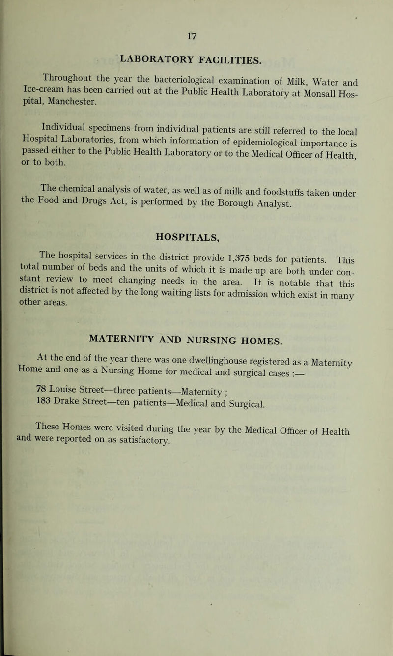 LABORATORY FACILITIES. Throughout the year the bacteriological examination of Milk, Water and Ice-cream has been carried out at the Public Health Laboratory at Monsall Hos¬ pital, Manchester. Individual specimens from individual patients are still referred to the local Hospital Laboratories, from which information of epidemiological importance is passed either to the Public Health Laboratory or to the Medical Officer of Health or to both. The chemical analysis of water, as well as of milk and foodstuffs taken under the Food and Drugs Act, is performed by the Borough Analyst. HOSPITALS, The hospital services in the district provide 1,375 beds for patients. This total number of beds and the units of which it is made up are both under con¬ stant review to meet changing needs in the area. It is notable that this district is not affected by the long waiting lists for admission which exist in many other areas. MATERNITY AND NURSING HOMES. At the end of the year there was one dwellinghouse registered as a Maternity Home and one as a Nursing Home for medical and surgical cases :_ 78 Louise Street—three patients—Maternity ; 183 Drake Street—ten patients—Medical and Surgical. These Homes were visited during the year by the Medical Officer of Health and were reported on as satisfactory.