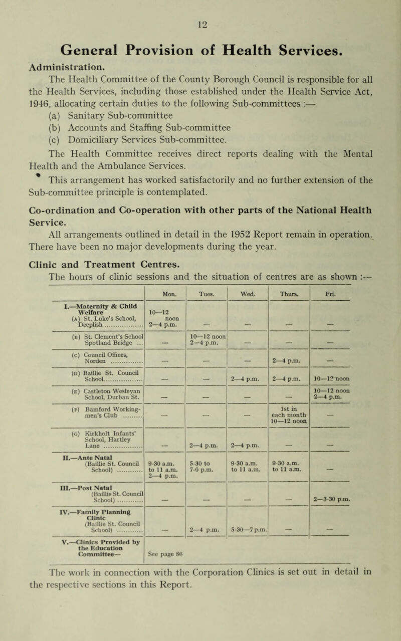 General Provision of Health Services. Administration. The Health Committee of the County Borough Council is responsible for all the Health Services, including those established under the Health Service Act, 1946, allocating certain duties to the following Sub-committees :— (a) Sanitary Sub-committee (b) Accounts and Staffing Sub-committee (c) Domiciliary Services Sub-committee. The Health Committee receives direct reports dealing with the Mental Health and the Ambulance Services. % This arrangement has worked satisfactorily and no further extension of the Sub-committee principle is contemplated. Co-ordination and Co-operation with other parts of the National Health Service. All arrangements outlined in detail in the 1952 Report remain in operation. There have been no major developments during the year. Clinic and Treatment Centres. The hours of clinic sessions and the situation of centres are as shown :— Mon. Tues. Wed. Thurs. Fri. I.—Maternity & Child Welfare (a) St. Luke’s School, Deeplish. 10—12 noon 2—4 p.m. (b) St. Clement's School Spotland Bridge ... — 10—12 noon 2—4 p.m. — — (c) Council Offices, Xorden . — — — 2—4 p.m. — (d) Baillie St. Council School. — — 2—4 p.m. 2—4 p.m. 10—12 noon (e) Castleton Wesleyan School, Durban St. — — — — 10—12 noon 2—1 p.m. (f) Bamford Working¬ men's Club . — — — 1st in each month 10—12 noon — (c) Kirkholt Infants' School, Hartley Lane . 2—4 p.m. 2—4 p.m. _ _ 11.—Ante Natal (Baillie St. Council School) . 9-30 a.m. to 11 a.m. 2—4 p.m. 5-30 to 7-0 p.m. 9-30 a.m. to 11 a.m. 9 30 a.m. to 11 a.m. — III.—Post Natal (Baillie St. Council School) . _ _ 2—3-30 p.m. IV.—Family Planning Clinic (Baillie St. Council School) . 2—4 p.m. 5-30—7 p.m. V.—Clinics Provided by the Education Committee— Sec page 80 The work in connection with the Corporation Clinics is set out in detail in the respective sections in this Report.