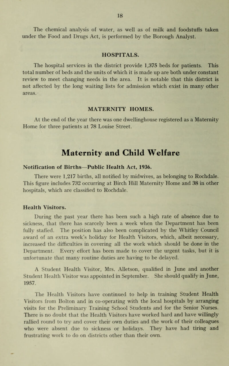 The chemical analysis of water, as well as of milk and foodstuffs taken under the Food and Drugs Act, is performed by the Borough Analyst. HOSPITALS. The hospital services in the district provide 1,375 beds for patients. This total number of beds and the units of which it is made up are both under constant review to meet changing needs in the area. It is notable that this district is not affected by the long waiting lists for admission which exist in many other areas. MATERNITY HOMES. At the end of the year there was one dwellinghouse registered as a Maternity Home for three patients at 78 Louise Street. Maternity and Child Welfare Notification of Births—Public Health Act, 1936. There were 1,217 births, all notified by midwives, as belonging to Rochdale. This figure includes 732 occurring at Birch Hill Maternity Home and 38 in other hospitals, which are classified to Rochdale. Health Visitors. During the past year there has been such a high rate of absence due to sickness, that there has scarcely been a week when the Department has been fully staffed. The position has also been complicated bv the Whitley Council award of an extra week’s holiday for Health Visitors, which, albeit necessary, increased the difficulties in covering all the work which should be done in the Department. Every effort has been made to cover the urgent tasks, but it is unfortunate that many routine duties are having to be delayed. A Student Health Visitor, Mrs. Alletson, qualified in June and another Student Health Visitor was appointed in September. She should qualify in June, 1957. The Health Visitors have continued to help in training Student Health Visitors from Bolton and in co-operating with the local hospitals by arranging visits for the Preliminary Training School Students and for the Senior Nurses. There is no doubt that the Health Visitors have worked hard and have willingly rallied round to try and cover their own duties and the work of their colleagues who were absent due to sickness or holidays. They have had tiring and frustrating work to do on districts other than their own.