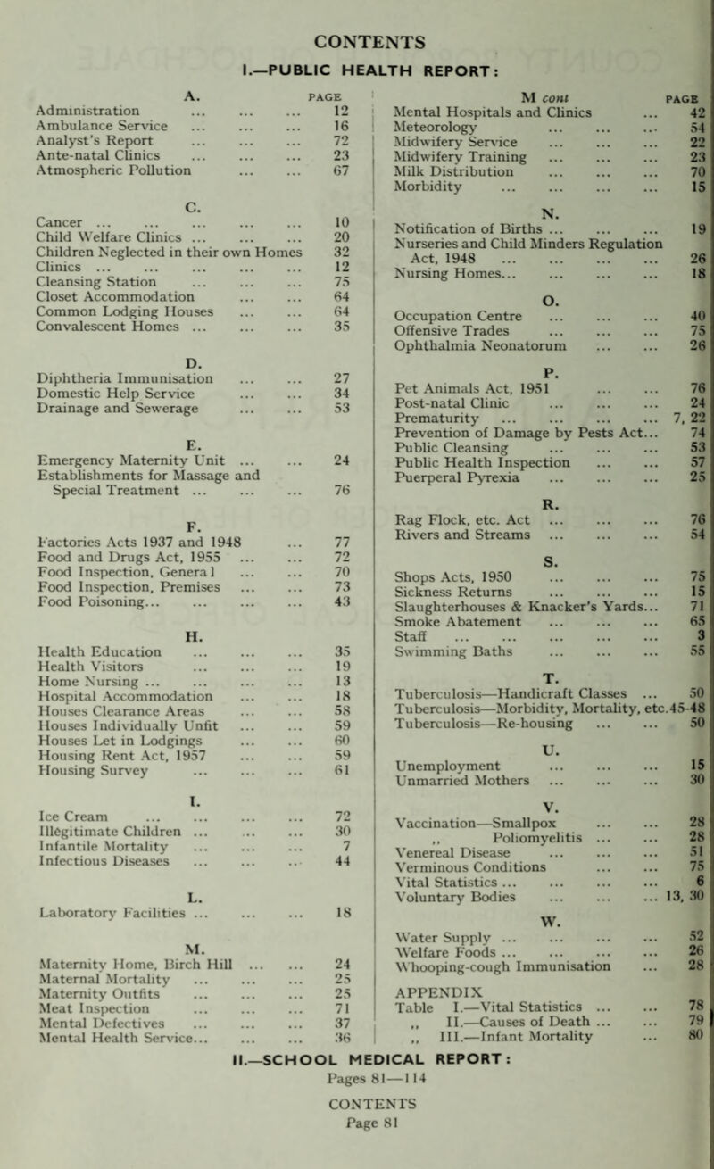 CONTENTS I.—PUBLIC HEALTH REPORT: A. PAGE Administration • • • 12 Ambulance Service ... 16 Analyst’s Report 72 Ante-natal Clinics ... 23 Atmospheric Pollution ... 67 C. Cancer ... ... 10 Child Welfare Clinics ... ... 20 Children Neglected in their own Homes 32 Clinics ... 12 Cleansing Station ... 75 Closet Accommodation ... 64 Common Lodging Houses ... 64 Convalescent Homes ... ... 35 D. Diphtheria Immunisation ... 27 Domestic Help Service 34 Drainage and Sewerage 53 E. Emergency Maternity Unit ... Establishments for Massage and ... 24 Special Treatment ... 76 F. Factories Acts 1937 and 1948 77 Food and Drugs Act, 1955 72 Food Inspection. General 70 Food Inspection, Premises 73 Food Poisoning... 43 H. Health Education 35 Health Visitors 19 Home Nursing ... 13 Hospital Accommodation 18 Houses Clearance Areas 58 Houses Individually Unfit 59 Houses Let in Lodgings 60 Housing Rent Act, 1957 59 Housing Survey 61 I. Ice Cream 72 Illegitimate Children ... ... 30 Infantile Mortality ... 7 Infectious Diseases ... 44 L. Laboratory Facilities ... ... 18 M. Maternity Home, Birch Hill ... 24 Maternal Mortality 25 Maternity Outfits 25 Meat Inspection 71 Mental Defectives 37 Mental Health Service... 36 M com PAGE Mental Hospitals and Clinics 42 Meteorology 54 Midwifery Service 22 Midwifery Training 23 Milk Distribution 70 Morbidity 15 N. Notification of Births ... 19 Nurseries and Child Minders Regulation Act, 1948 . 26 Nursing Homes... 18 O. Occupation Centre 40 Offensive Trades 75 Ophthalmia Neonatorum 26 P. Pet Animals Act, 1951 76 Post-natal Clinic 24 Prematurity 7. 22 Prevention of Damage by Pests Act... 74 Public Cleansing 53 Public Health Inspection 57 Puerperal Pyrexia 25 R. Rag Flock, etc. Act . 76 Rivers and Streams . 54 S. Shops Acts, 1950 75 Sickness Returns 15 Slaughterhouses & Knacker’s Yards... 71 Smoke Abatement 65 Staff . 3 Swimming Baths 55 T. Tuberculosis—Handicraft Classes ... 50 Tuberculosis—Morbidity, Mortality, etc .45-48 Tuberculosis—Re-housing 50 U. Unemployment 15 Unmarried Mothers 30 V. Vaccination—Smallpox 28 ,, Poliomyelitis ... 28 Venereal Disease 51 Verminous Conditions 75 Vital Statistics ... 6 Voluntary Bodies 13, 30 W. Water Supply ... 52 Welfare Foods ... 26 W hooping-cough Immunisation 28 APPENDIX Table I.—Vital Statistics . 78 ,, II.—Causes of Death ... 79 „ III.—Infant Mortality 80 II.—SCHOOL MEDICAL REPORT: Pages 81—114 CONTENTS Page 81