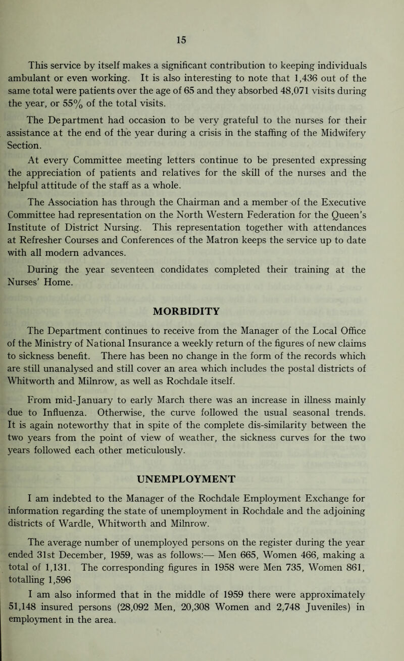 This service by itself makes a significant contribution to keeping individuals ambulant or even working. It is also interesting to note that 1,436 out of the same total were patients over the age of 65 and they absorbed 48,071 visits during the year, or 55% of the total visits. The Department had occasion to be very grateful to the nurses for their assistance at the end of the year during a crisis in the staffing of the Midwifery Section. At every Committee meeting letters continue to be presented expressing the appreciation of patients and relatives for the skill of the nurses and the helpful attitude of the staff as a whole. The Association has through the Chairman and a member of the Executive Committee had representation on the North Western Federation for the Queen’s Institute of District Nursing. This representation together with attendances at Refresher Courses and Conferences of the Matron keeps the service up to date with all modern advances. During the year seventeen condidates completed their training at the Nurses’ Home. MORBIDITY The Department continues to receive from the Manager of the Local Office of the Ministry of National Insurance a weekly return of the figures of new claims to sickness benefit. There has been no change in the form of the records which are still unanalysed and still cover an area which includes the postal districts of Whitworth and Milnrow, as well as Rochdale itself. From mid-January to early March there was an increase in illness mainly due to Influenza. Otherwise, the curve followed the usual seasonal trends. It is again noteworthy that in spite of the complete dis-similarity between the two years from the point of view of weather, the sickness curves for the two years followed each other meticulously. UNEMPLOYMENT I am indebted to the Manager of the Rochdale Employment Exchange for information regarding the state of unemployment in Rochdale and the adjoining districts of Wardle, Whitworth and Milnrow. The average number of unemployed persons on the register during the year ended 31st December, 1959, was as follows:— Men 665, Women 466, making a total of 1,131. The corresponding figures in 1958 were Men 735, Women 861, totalling 1,596 I am also informed that in the middle of 1959 there were approximately 51,148 insured persons (28,092 Men, 20,308 Women and 2,748 Juveniles) in employment in the area.