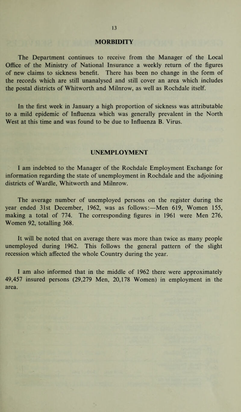 MORBIDITY The Department continues to receive from the Manager of the Local Office of the Ministry of National Insurance a weekly return of the figures of new claims to sickness benefit. There has been no change in the form of the records which are still unanalysed and still cover an area which includes the postal districts of Whitworth and Milnrow, as well as Rochdale itself. In the first week in January a high proportion of sickness was attributable to a mild epidemic of Influenza which was generally prevalent in the North West at this time and was found to be due to Influenza B. Virus. UNEMPLOYMENT I am indebted to the Manager of the Rochdale Employment Exchange for information regarding the state of unemployment in Rochdale and the adjoining districts of Wardle, Whitworth and Milnrow. The average number of unemployed persons on the register during the year ended 31st December, 1962, was as follows:—Men 619, Women 155, making a total of 774. The corresponding figures in 1961 were Men 276, Women 92, totalling 368. It will be noted that on average there was more than twice as many people unemployed during 1962. This follows the general pattern of the slight recession which affected the whole Country during the year. I am also informed that in the middle of 1962 there were approximately 49,457 insured persons (29,279 Men, 20,178 Women) in employment in the area.