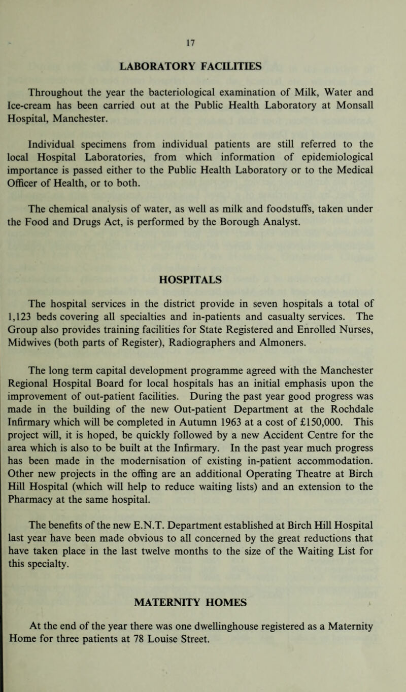LABORATORY FACILITIES Throughout the year the bacteriological examination of Milk, Water and Ice-cream has been carried out at the Public Health Laboratory at Monsall Hospital, Manchester. Individual specimens from individual patients are still referred to the local Hospital Laboratories, from which information of epidemiological importance is passed either to the Public Health Laboratory or to the Medical Officer of Health, or to both. The chemical analysis of water, as well as milk and foodstuffs, taken under the Food and Drugs Act, is performed by the Borough Analyst. HOSPITALS The hospital services in the district provide in seven hospitals a total of 1,123 beds covering all specialties and in-patients and casualty services. The Group also provides training facilities for State Registered and Enrolled Nurses, Midwives (both parts of Register), Radiographers and Almoners. The long term capital development programme agreed with the Manchester Regional Hospital Board for local hospitals has an initial emphasis upon the improvement of out-patient facilities. During the past year good progress was made in the building of the new Out-patient Department at the Rochdale Infirmary which will be completed in Autumn 1963 at a cost of £150,000. This project will, it is hoped, be quickly followed by a new Accident Centre for the area which is also to be built at the Infirmary. In the past year much progress has been made in the modernisation of existing in-patient accommodation. Other new projects in the offing are an additional Operating Theatre at Birch Hill Hospital (which will help to reduce waiting lists) and an extension to the Pharmacy at the same hospital. The benefits of the new E.N.T. Department established at Birch Hill Hospital last year have been made obvious to all concerned by the great reductions that have taken place in the last twelve months to the size of the Waiting List for this specialty. MATERNITY HOMES At the end of the year there was one dwellinghouse registered as a Maternity Home for three patients at 78 Louise Street.
