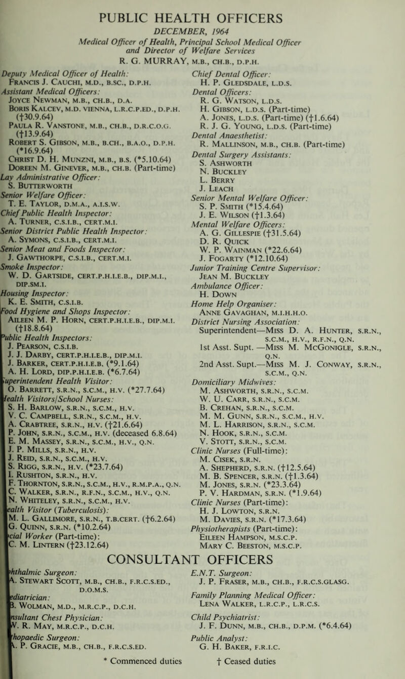 PUBLIC HEALTH OFFICERS DECEMBER, 1964 Medical Officer of Health, Principal School Medical Officer and Director of Welfare Services R. G. MURRAY, m.b., ch.b., d.p.h. Deputy Medical Officer of Health: Francis J. Cauchi, m.d., b.sc., d.p.h. Assistant Medical Officers: Joyce Newman, m.b., ch.b., d.a. Boris Kalcev, m.d. Vienna, l.r.c.p.ed., d.p.h. (130.9.64) Paula R. Vanstone, m.b., ch.b., d.r.c.o.g. (+13.9.64) Robert S. Gibson, m.b., b.ch., b.a.o., d.p.h. (*16.9.64) Christ D. H. Munzni, m.b., b.s. (*5.10.64) Doreen M. Ginever, m.b., ch.b. (Part-time) Lay Administrative Officer: S. Butterworth Senior Welfare Officer: T. E. Taylor, d.m.a., a.i.s.w. Chief Public Health Inspector: A. Turner, c.s.i.b., cert.m.i. Senior District Public Health Inspector: A. Symons, c.s.i.b., cert.m.i. Senior Meat and Foods Inspector: J. Gawthorpe, c.s.i.b., cert.m.i. Smoke Inspector: W. D. Gartside, cert.p.h.i.e.b., dip.m.i., Chief Dental Officer: H. P. Gledsdale, l.d.s. Dental Officers: R. G. Watson, l.d.s. H. Gibson, l.d.s. (Part-time) A. Jones, l.d.s. (Part-time) (f 1.6.64) R. J. G. Young, l.d.s. (Part-time) Dental Anaesthetist: R. Mallinson, m.b., ch.b. (Part-time) Dental Surgery Assistants: S. Ashworth N. Buckley L. Berry J. Leach Senior Mental Welfare Officer: S. P. Smith (*15.4.64) J. E. Wilson (f 1.3.64) Mental Welfare Officers: A. G. Gillespie (+31.5.64) D. R. Quick W. P. Wainman (*22.6.64) J. Fogarty (*12.10.64) Junior Training Centre Supervisor: Jean M. Buckley DIP.SM.I. Housing Inspector: K. E. Smith, c.s.i.b. 7ood Hygiene and Shops Inspector: Aileen M. P. Horn, cert.p.h.i.e.b., dip.m.i. (t 18.8.64) 'ublic Health Inspectors: J. Pearson, c.s.i.b. J. J. Darby, cert.p.h.i.e.b., dip.m.i. J. Barker, cert.p.h.i.e.b. (*9.1.64) A. H. Lord, dip.p.h.i.e.b. (*6.7.64) itperintendent Health Visitor: O. Barrett, s.r.n., s.c.m., h.v. (*27.7.64) health Visitors/School Nurses: S. H. Barlow, s.r.n., s.c.m., h.v. V. C. Campbell, s.r.n., s.c.m., h.v. A. Crabtree, s.r.n., h.v. (f21.6.64) P. John, s.r.n., s.c.m., h.v. (deceased 6.8.64) E. M. Massey, s.r.n., s.c.m., h.v., q.n. J. P. Mills, s.r.n., h.v. J. Reid, s.r.n., s.c.m., h.v. S. Rigg, s.r.n., h.v. (*23.7.64) 1. Rushton, s.r.n., h.v. F. Thornton, s.r.n., s.c.m., h.v., r.m.p.a., q.n. C. Walker, s.r.n., r.f.n., s.c.m., h.v., q.n. N. Whiteley, s.r.n., s.c.m., h.v. ■alth Visitor (Tuberculosis): M. L. Gallimore, s.r.n., t.b.cert. (|6.2.64) |G. Quinn, s.r.n. (*10.2.64) <cial Worker (Part-time): C. M. Lintern (f23.12.64) Ambulance Officer: H. Down Home Help Organiser: Anne Gavaghan, m.i.h.h.o. District Nursing Association: Superintendent—Miss D. A. Hunter, s.r.n. s.c.m., h.v., r.f.n., q.n. 1st Asst. Supt.—Miss M. McGonigle, s.r.n. q.n. 2nd Asst. Supt.—Miss M. J. Conway, s.r.n. s.c.m., Q.N. Domiciliary Midwives: M. Ashworth, s.r.n., s.c.m. W. U. Carr, s.r.n., s.c.m. B. Crehan, s.r.n., s.c.m. M. M. Gunn, s.r.n., s.c.m., h.v. M. L. Harrison, s.r.n., s.c.m. N. Hook, s.r.n., s.c.m. V. Stott, s.r.n., s.c.m. Clinic Nurses (Full-time): M. Cisek, s.r.n. A. Shepherd, s.r.n. (+12.5.64) M. B. Spencer, s.r.n. (fl.3.64) M. Jones, s.r.n. (*23.3.64) P. V. Hardman, s.r.n. (*1.9.64) Clinic Nurses (Part-time): H. J. Lowton, s.r.n. M. Davies, s.r.n. (*17.3.64) Physiotherapists (Part-time): Eileen Hampson, m.s.c.p. Mary C. Beeston, m.s.c.p. CONSULTANT OFFICERS 1hthalmic Surgeon: Stewart Scott, m.b., ch.b., f.r.c.s.ed., D.O.M.S. b wdiatrician: ■3. WOLMAN, M.D., M.R.C.P., D.C.H. ultant Chest Physician: . R. May, m.r.c.p., d.c.h. hopaedic Surgeon: P. Gracie, m.b., ch.b., f.r.c.s.ed. * Commenced duties E.N.T. Surgeon: J. P. Fraser, m.b., ch.b., f.r.c.s.glasg. Family Planning Medical Officer: Lena Walker, l.r.c.p., l.r.c.s. Child Psychiatrist: J. F. Dunn, m.b., ch.b., d.p.m. (*6.4.64) Public Analyst: G. H. Baker, f.r.i.c. f Ceased duties