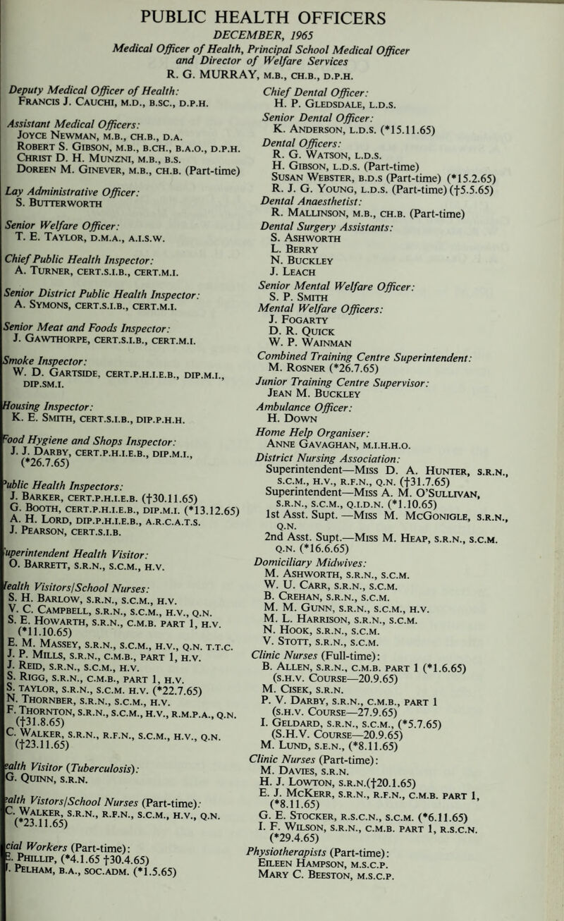 PUBLIC HEALTH OFFICERS DECEMBER, 1965 Medical Officer of Health, Principal School Medical Officer and Director of Welfare Services R. G. MURRAY, m.b., ch.b., d.p.h. Deputy Medical Officer of Health: Francis J. Cauchi, m.d., b.sc., d.p.h. Assistant Medical Officers: Joyce Newman, m.b., ch.b., d.a. Robert S. Gibson, m.b., b.ch., b.a.o., d.p.h. Christ D. H. Munzni, m.b., b.s. Doreen M. Ginever, m.b., ch.b. (Part-time) Lay Administrative Officer: S. Butterworth Senior Welfare Officer: T. E. Taylor, d.m.a., a.i.s.w. Chief Public Health Inspector: A. Turner, cert.s.i.b., cert.m.i. Chief Dental Officer: H. P. Gledsdale, l.d.s. Senior Dental Officer: K. Anderson, l.d.s. (*15.11.65) Dental Officers: R. G. Watson, l.d.s. H. Gibson, l.d.s. (Part-time) Susan Webster, b.d.s (Part-time) (*15.2.65) R. J. G. Young, l.d.s. (Part-time) (f5.5.65) Dental Anaesthetist: R. Mallinson, m.b., ch.b. (Part-time) Dental Surgery Assistants: S. Ashworth L. Berry N. Buckley J. Leach Senior District Public Health Inspector: A. Symons, cert.s.i.b., cert.m.i. Senior Meat and Foods Inspector: J. Gawthorpe, cert.s.i.b., cert.m.i. Smoke Inspector: W. D. Gartside, cert.p.h.i.e.b., dip.m.i., dip.sm.i. Housing Inspector: K. E. Smith, cert.s.i.b., dip.p.h.h. Food Hygiene and Shops Inspector: J. J. Darby, cert.p.h.i.e.b., dip.m.i., (*26.7.65) ‘‘ublic Health Inspectors: J. Barker, cert.p.h.i.e.b. (f30.ll.65) G. Booth, cert.p.h.i.e.b., dip.m.i. (*13.12.65) A. H. Lord, dip.p.h.i.e.b., a.r.c.a.t.s. J. Pearson, cert.s.i.b. 'uperintendent Health Visitor: O. Barrett, s.r.n., s.c.m., h.v. health Visitors/School Nurses: S. H. Barlow, s.r.n., s.c.m., h.v. V.C. Campbell, s.r.n., s.c.m., h.v., q.n. S. E. Howarth, s.r.n., c.m.b. part 1, h.v (*11.10.65) E. M. Massey, s.r.n., s.c.m., h.v., q.n. t.t.c. J. P. Mills, s.r.n., c.m.b., part 1, h.v. J. Reid, s.r.n., s.c.m., h.v. S. Rigg, s.r.n., c.m.b., part 1, H.V. S. TAYLOR, S.R.N., S.C.M. H.V. (*22.7.65) N. Thornber, S.R.N., S.C.M., H.V. F-^“°RNTON, S.R.N., S.C.M., H.V., R.M.P.A., Q.N. C. Walker, s.r.n., r.f.n., s.c.m., h.v., q.n. (f23.ll.65) -olth Visitor (Tuberculosis): G. Quinn, s.r.n. rc///i Vistors/School Nurses (Part-time) • (*23 ’nE65)S'R'N', R'F'N S C M-' HV‘> Q N‘ cial Workers (Part-time): 2. Phillip, (*4.1.65 f30.4.65) • Pelham, b.a., soc.adm. (*1.5.65) Senior Mental Welfare Officer: S. P. Smith Mental Welfare Officers: J. Fogarty D. R. Quick W. P. Wainman Combined Training Centre Superintendent: M. Rosner (*26.7.65) Junior Training Centre Supervisor: Jean M. Buckley Ambulance Officer: H. Down Home Help Organiser: Anne Gavaghan, m.i.h.h.o. District Nursing Association: Superintendent—Miss D. A. Hunter, s.r.n. S.C.M., H.V., R.F.N., Q.N. (f 31.7.65) Superintendent—Miss A. M. O’Sullivan, S.R.N., S.C.M., Q.I.D.N. (*1.10.65) 1st Asst. Supt. —Miss M. McGonigle, s.r.n. Q.N. 2nd Asst. Supt.—Miss M. Heap, s.r.n., s.c.m. q.n. (*16.6.65) Domiciliary Midwives: M. Ashworth, s.r.n., s.c.m. W. U. Carr, s.r.n., s.c.m. B. Crehan, s.r.n., s.c.m. M. M. Gunn, s.r.n., s.c.m., h.v. M. L. Harrison, s.r.n., s.c.m. N. Hook, s.r.n., s.c.m. V. Stott, s.r.n., s.c.m. Clinic Nurses (Full-time): B. Allen, s.r.n., c.m.b. part 1 (*1.6.65) (s.h.v. Course—20.9.65) M. Cisek, S.R.N. P. V. Darby, s.r.n., c.m.b., part 1 (s.h.v. Course—27.9.65) I. Geldard, s.r.n., s.c.m., (*5.7.65) (S.H.V. Course—20.9.65) M. Lund, s.e.n., (*8.11.65) Clinic Nurses (Part-time): M. Davies, s.r.n. H. J. Lowton, s.R.N.(f20.1.65) E. J. McKerr, s.r.n., r.f.n., c.m.b. part 1, (*8.11.65) G. E. Stocker, r.s.c.n., s.c.m. (*6.11.65) I. F. Wilson, s.r.n., c.m.b. part 1, r.s.c.n. (*29.4.65) Physiotherapists (Part-time): Eileen Hampson, m.s.c.p. Mary C. Beeston, m.s.c.p.