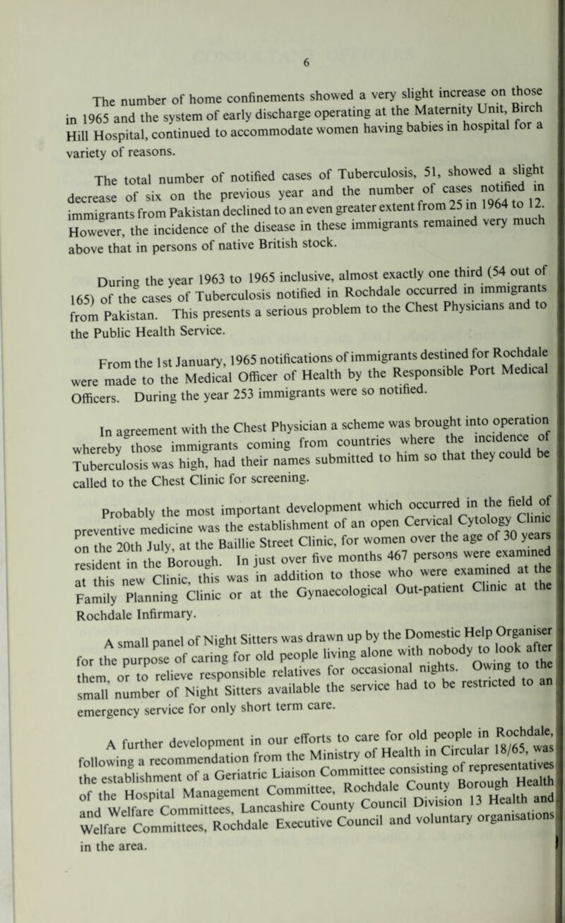 The number of home confinements showed a very slight increase on those in 1965 and the system of early discharge operating at the Maternity Umt.Birc Hill Hospital, continued to accommodate women having babies in hospital for a variety of reasons. The total number of notified cases of Tuberculosis, 51, showed a slight decrease of six on the previous year and the number of “Otifi in immigrants from Pakistan declined to an even greater extent from 25 in 1964 to 12^ However, the incidence of the disease in these immigrants remained very much above that in persons of native British stock. During the year 1963 to 1965 inclusive, almost exactly one third (54 out of 165) of the cases of Tuberculosis notified in Rochdale occurred in immigrants from Pakistan. This presents a serious problem to the Chest Physicians and the Public Health Service. From the 1st January, 1965 notifications of immigrants destined for R“h<*^ were made to the Medical Officer of Health by the Responsible Port Medtcal Officers. During the year 253 immigrants were so notified. In agreement with the Chest Physician a scheme was brought into operation whereby?those immigrants coming from countries where the incidence of Tuberculosis was high, had their names submitted to him so that they could be called to the Chest Clinic for screening. Probably the most important development which occurred in the field of preventive medicine was the establishment of an open Cervical Cytoiogy Chn^ on the 20th July, at the Baillie Street Clinic, for women over the age of 30 years resident in the Borough. In just over five months 467 persons were examined at this new Clinic, this was in addition to those who were examined at he Family Planning Clinic or at the Gynaecological Out-patient Clinic at Rochdale Infirmary. A small panel of Night Sitters was drawn up by the Domestic Help Organiser for the purpose of caring for old people living alone with nobody to look after them or to relieve responsible relatives for occasional nights. Owing to the small number of Night Sitters available the service had to be restricted emergency service for only short term care. A further development in our efforts to care for old people in Rochdale following a recommendation from the Ministry of Health in Circular 18^65 w„ in the area.