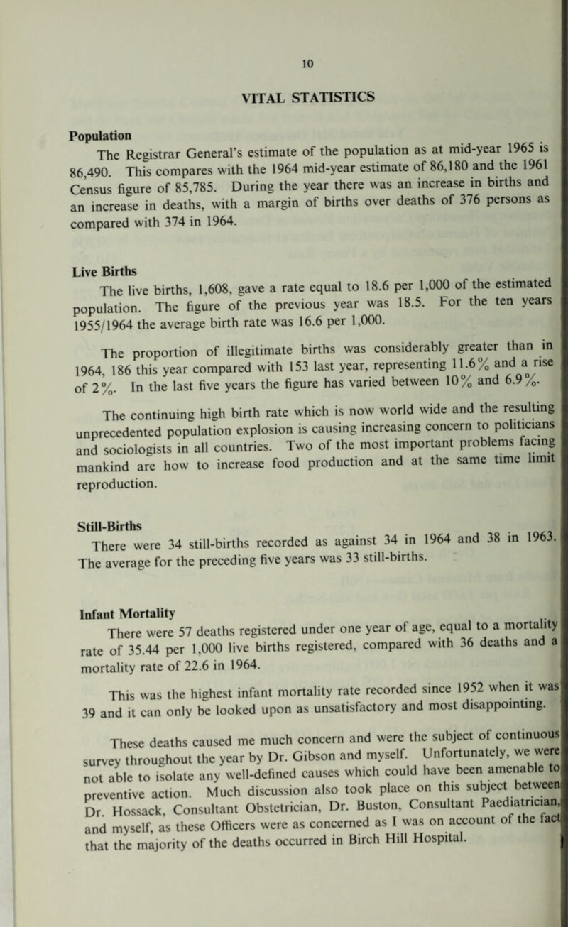 VITAL STATISTICS Population The Registrar General’s estimate of the population as at mid-year 1965 is 86,490. This compares with the 1964 mid-year estimate of 86,180 and the 1961 Census figure of 85,785. During the year there was an increase in births and an increase in deaths, with a margin of births over deaths of 376 persons as compared with 374 in 1964. Live Births The live births, 1,608, gave a rate equal to 18.6 per 1,000 of the estimated population. The figure of the previous year was 18.5. For the ten years 1955/1964 the average birth rate was 16.6 per 1.000. The proportion of illegitimate births was considerably greater than in 1964. 186 this year compared with 153 last year, representing 1 L6/o anc* a r'se of 2%. In the last five years the figure has varied between 10/o and 6.9 /0. The continuing high birth rate which is now world wide and the resulting unprecedented population explosion is causing increasing concern to politicians and sociologists in all countries. Two of the most important problems facing mankind are how to increase food production and at the same time limit reproduction. Still-Births | There were 34 still-births recorded as against 34 in 1964 and 38 in 1963. The average for the preceding five years was 33 still-births. Infant Mortality There were 57 deaths registered under one year of age, equal to a mortality rate of 35.44 per 1,000 live births registered, compared with 36 deaths and a mortality rate of 22.6 in 1964. This was the highest infant mortality rate recorded since 1952 when it was 39 and it can only be looked upon as unsatisfactory and most disappointing. These deaths caused me much concern and were the subject of continuous survey throughout the year by Dr. Gibson and myself. Unfortunately, we were not able to isolate any well-defined causes which could have been amenable to preventive action. Much discussion also took place on this subject between Dr. Hossack, Consultant Obstetrician, Dr. Buston, Consultant Paediatrician, and myself, as these Officers were as concerned as I was on account of the fact that the majority of the deaths occurred in Birch Hill Hospital.