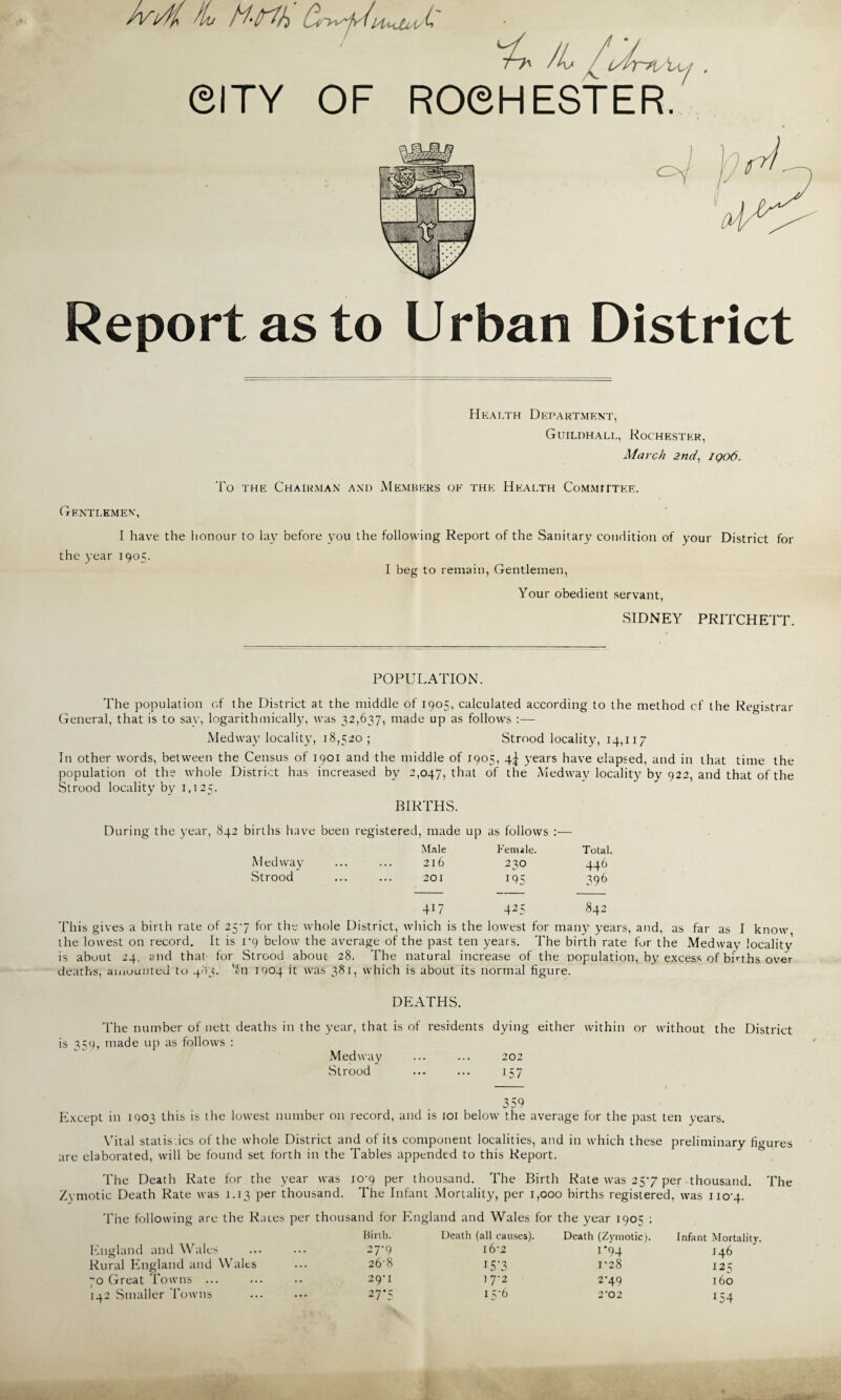 Jvidb X M‘[r1h Cv->v*j)A *7^ bb j^i/br*c Ui eiTY OF ROGH ESTER. 1 ■ Report as to Urban District Health Department, Guildhall, Rochester, March 2nd, iqo6. To the Chairman and Members of the Health Committee. Gentlemen, I have the honour to lay before you the following Report of the Sanitary condition of your District for the year 1905. I beg to remain, Gentlemen, Your obedient servant, SIDNEY PRITCHETT. POPULATION. The population of the District at the middle of 1905, calculated according to the method cf the Registrar General, that is to sav, logarithmically, was 32,637, made up as follows :— Medway locality, 18,520; Strood locality, 14,117 In other wTords, between the Census of 1901 and the middle of 1905, 4^ years have elapsed, and in that time the population of the whole District has increased by 2,047, that °f Lie Medway locality by 922, and that of the Strood locality by 1,125. BIRTHS. births have been registered, made up as follows Male Female. Total, Medway 216 230 446 Strood 201 195 396 4U 425 Cl 4* co This gives a birth rate of 257 for the whole District, which is the lowest for many years, and, as far as I know the lowest on record. It is 17 below the average of the past ten years. The birth rate for the Medway locality is about 24, and that for Strood about 28. The natural increase of the population, by excess of births over deaths, amounted to 403. 'fn 1904 it was 381, which is about its normal figure. DEATHS. The number of nett deaths in the year, that is of residents dying either within or without the District is 359, made up as follows : Medway ... ... 202 Strood ... ... 157 359 Pixcept in IQ03 this is the lowest number on record, and is 101 below the average for the past ten years. Vital statistics of the whole District and of its component localities, and in which these preliminary fioures are elaborated, will be found set forth in the Tables appended to this Report. The Death Rate for the year was 107 per thousand. The Birth Rate was 25-7 per thousand. The Zymotic Death Rate was 1.13 per thousand. The Infant Mortality, per 1,000 births registered, was 110-4. The following are the Rates per thousand for j Birth. England and Wales for the year 1905 : Death (all causes). Death (Zymotic). Infant Mortality. England and Wales 27-9 l6‘2 174 J46 Rural England and Wales 26-8 I5‘3 1-28 125 70 Great Towns ... 29-1 17-2 2*49 160 142 Smaller Towns 27*5 I 5’6 2‘02 J54