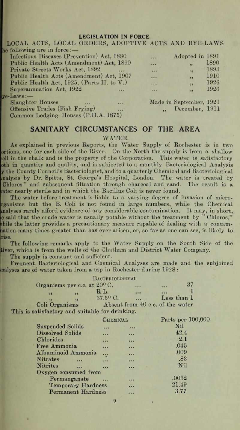 Adopted in LEGISLATION IN FORCE LOCAL ACTS, LOCAL ORDERS, ADOPTIVE ACTS AND BYE-LAWS he following are in force :— Infectious Diseases (Prevention) Act, 1880 Public Health Acts (Amendment) Act, 1S90 Private Streets Works Act, 1892 Public Health Acts (Amendment) Act, 1907 Public Health Act, 1925, (Parts II. to V.) Superannuation Act, 1922 ye-Laws:— Slaughter Houses Offensive Trades (Fish Frying) Common Lodging Houses (P.H.A. 1875) Made in September, ,, December, 1891 1890 1898 1910 1926 1926 1921 1911 SANITARY CIRCUMSTANCES OF THE AREA WATER As explained in previous Reports, the Water Supply of Rochester is in two ortions, one for each side of the River. On the North the supply is from a shallow rell in the chalk and is the property of the Corporation. This water is satisfactory oth in quantity and quality, and is subjected to a monthly Bacteriological Analysis y the County Council’s Bacteriologist, and to a quarterly Chemical and Bacteriological Lnalysis by Dr. Spitta, St. George’s Hospital, London. The water is treated by Chloros” and subsequent filtration through charcoal and sand. The result is a rater nearly sterile and in which the Bacillus Coli is never found. The water before treatment is liable to a varying degree of invasion of micro- rganisms but the B. Coli is not found in large numbers, while the Chemical Lnalyses rarely afford evidence of any considerable contamination. It may, in short, e said that the crude water is usually potable without the treatment by ‘ Chloros,” rhile the latter provides a piecautionary measure capable of dealing with a contam- aation many times greater than has ever arisen, or, so far as one can see, is likely to rise. The following remarks apply to the Water Supply on the South Side of the liver, which is from the wells of the Chatham and District Water Company. The supply is constant and sufficient. Frequent Bacteriological and Chemical Analyses are made and the subjoined ■nalyses are of wrater taken from a tap in Rochester during 1928 : Bacteriological Organisms per c.c. at 20° C. ... ... 37 ,, ,, RL. ... 1 „ „ 37.5° C. ... Less than 1 Coli Organisms Absent from 40 c.c. of the water This is satisfactory and suitable for drinking. Chemical Parts per Suspended Solids Nil Dissolved Solids 42.4 Chlorides 2.1 Free Ammonia .045 Albuminoid Ammonia ... .009 Nitrates .83 Nitrites Nil Oxygen consumed from Permanganate .0032 Temporary Hardness 21.49 Permanent Hardness 3.77