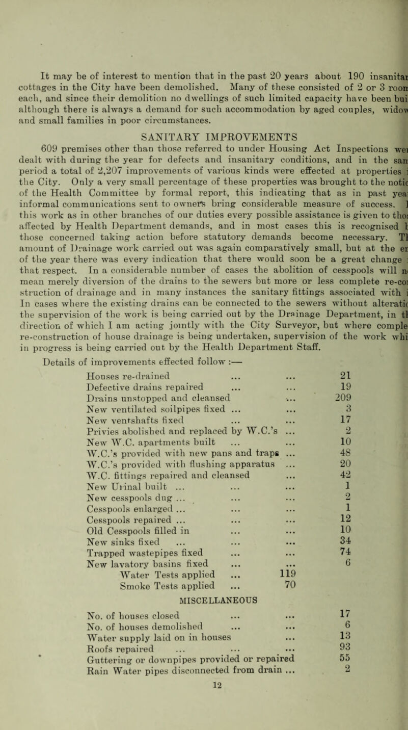 It may be of interest to mention that in the past 20 years about 190 insanitai cottages in the City have been demolished. Many of these consisted of 2 or 3 roon each, and since their demolition no dwellings of such limited capacity have been bui although there is always a demand for such accommodation by aged couples, widov and small families in poor circumstances. SANITARY IMPROVEMENTS 609 premises other than those referred to under Housing Act Inspections wei dealt with during the year for defects and insanitary conditions, and in the san period a total of 2,207 improvements of various kinds were effected at properties j the City. Only a very small percentage of these properties was brought to the notic of the Health Committee by formal report, this indicating that as in past yea informal communications sent to owners bring considerable measure of success. ] this work as in other branches of our duties every possible assistance is given to thoi affected by Health Department demands, and in most cases this is recognised 1 those concerned taking action before statutory demands become necessary. T1 amount of Drainage work carried out was again comparatively small, but at the er of the year there was every indication that there would soon be a great change : that respect. In a considerable number of cases the abolition of cesspools will n mean merely diversion of the drains to the sewers but more or less complete re-coi struction of drainage and in many instances the sanitary fittings associated with i In cases where the existing drains can be connected to the sewers without alteratu the supervision of the work is being carried out by the Drainage Department, in tl direction of which I am acting jointly with the City Surveyor, but where comple re-construction of house drainage is being undertaken, supervision of the work whi in progress is being carried out by the Health Department Staff. Details of improvements effected follow :— Houses re-drained 21 Defective drains repaired 19 Drains unstopped and cleansed 209 New ventilated soilpipes fixed ... 3 New ventshafts fixed 17 Privies abolished and replaced by W.C.’s 2 New W.C. apartments built 10 W.C.’s provided with new pans and traps 48 W.C.’s provided with flushing apparatus 20 W.C. fittings repaired and cleansed 42 New Urinal built ... 1 New cesspools dug ... 2 Cesspools enlarged ... I Cesspools repaired ... 12 Old Cesspools filled in 10 New sinks fixed 34 Trapped wastepipes fixed 74 New lavatory basins fixed 6 Water Tests applied ... 119 Smoke Tests applied MISCELLANEOUS 70 No. of houses closed ... 17 No. of houses demolished • •• 6 Water supply laid on in houses • •• 13 Roofs repaired ... 93 Guttering or downpipes provided or repaired 55 Rain Water pipes disconnected from drain ••• 2