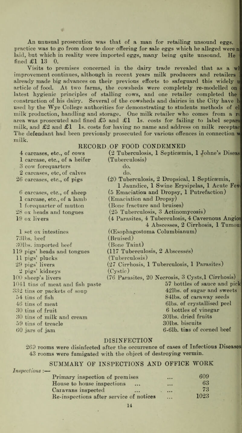 An unusual prosecution was that of a man for retailing unsound eggs, practice was to go from door to door offering for sale eggs which he alleged were n laid, but which in reality were imported eggs, many being quite unsound. He fined £1 13 0. Visits to premises concerned in the dairy trade revealed that as a wl improvement continues, although in recent years milk producers and retailers already made big advances on their previous efforts to safeguard this widely u article of food. At two farms, the cowsheds were completely re-modelled on latest hygienic principles of shilling cows, and one retailer completed the construction of his dairy. Several of the cowsheds and dairies in the City have h used by the Wye College authorities for demonstrating to students methods of cl milk production, handling and storage. One milk retailer who comes from a ri area was prosecuted and fined £5 and £1 Is. costs for failing to label separa milk, and £2 and £1 Is. costs for having no name and address on milk receptac The defendant had been previously prosecuted for various offences in connection w milk. 4 carcases, etc., of cows 1 carcase, etc., of a heifer 3 cow forequarters 2 carcases, etc, of calves 26 carcases, etc., of pigs 6 carcases, etc., of sheep 1 carcase, etc., of a lamb 1 forequarter of mutton 28 ox heads and tongues 19 ox livers 1 set ox intestines 731bs. beef 301bs. imported beef 119 pigs’ heads and tongues 11 pigs’ plucks 29 pigs’ livers 2 pigs’ kidneys 100 sheep’s livers 1041 tins of meat and fish paste 332 tins or packets of soup 54 tins of fish 46 tins of meat 30 tins of fruit 30 tins of milk and cream 59 tins of treacle 60 jars of jam 57 bottles of sauce and pick 421bs. of sugar and sweets 841bs. of caraway seeds 61bs. of crystallised peel 6 bottles of vinegar 301bs. dried fruits 301bs. biscuits 6-61b. tins of corned beef RECORD OF FOOD CONDEMNED (2 Tuberculosis, 1 Septicaemia, 1 Johne’s Diseas (Tuberculosis) do. do. (20 Tuberculosis, 2 Dropsical, 1 Septicaemia, 1 Jaundice, 1 Swine Erysipelas, 1 Acute Fev> (5 Emaciation and Dropsy, 1 Putrefaction) (Emaciation and Dropsy) (Bone fracture and bruises) (25 Tuberculosis, 3 Actinomycosis) (4 Parasites, 4 Tuberculosis, 4 Cavernous Angioi 4 Abscesses, 2 Cirrhosis, 1 Tumoui (CEsophagostoma Columbianum) (Bruised) (Bone Taint) (117 Tuberculosis, 2 Abscesses) (T ubereulosis) (27 Cirrhosis, 1 Tuberculosis, 1 Parasites) (Cystic) _ 7 (76 Parasites, 20 Necrosis, 3 Cysts,1 Cirrhosis) DISINFECTION 269 rooms were disinfected after the occurrence of cases of Infectious Diseases 43 rooms were fumigated with the object of destroying vermin. SUMMARY OF INSPECTIONS AND OFFICE WORK Inspections :— Primary inspection of premises ... 609 House to house inspections ... ... 63 Caravans inspected ... . ... 73 Re-inspections after service of notices ... 1023