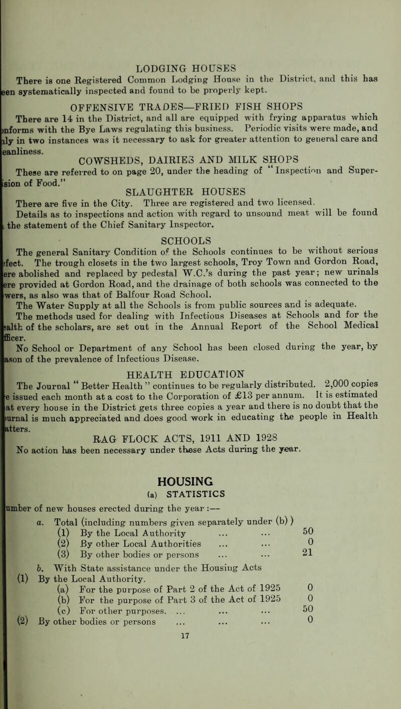 LODGING HOUSES There is one Registered Common Lodging House in the District, and this has een systematically inspected and found to be properly kept. OFFENSIVE TRADES—FRIED FISH SHOPS There are 14 in the District, and all are equipped with frying apparatus which informs with the Bye Laws regulating this business. Periodic visits were made, and ily in two instances was it necessary to ask for greater attention to general care and eanhness COWSHEDS, DAIRIES AND MILK SHOPS These are referred to on page 20, under the heading of “ Inspection and Super- sion of Food.” SLAUGHTER HOUSES There are five in the City. Three are registered and two licensed. Details as to inspections and action with regard to unsound meat will be found i the statement of the Chief Sanitary Inspector. SCHOOLS The general Sanitary Condition of the Schools continues to be without serious ■feet. The trough closets in the two largest schools, Troy Town and Gordon Road, ere abolished and replaced by pedestal W.C.’s during the past year; new urinals ere provided at Gordon Road, and the drainage of both schools was connected to the wers, as also was that of Balfour Road School. The Water Supply at all the Schools is from public sources and is adequate. The methods used for dealing with Infectious Diseases at Schools and for the ialth of the scholars, are set out in the Annual Report of the School Medical fficer. No School or Department of any School has been closed during the year, by ason of the prevalence of Infectious Disease. HEALTH EDUCATION The Journal “ Better Health ” continues to be regularly distributed. 2,000 copies e issued each month at a cost to the Corporation of £13 per annum. It is estimated at every house in the District gets three copies a year and there is no doubt that the >urnal is much appreciated and does good work in educating the people in Health atters. RAG FLOCK ACTS, 1911 AND 1928 No action has been necessary under these Acts during the year. HOUSING (a) STATISTICS umber of new houses erected during the year :— a. Total (including numbers given separately under (b)) (1) By the Local Authority ... ••• 50 (2) By other Local Authorities ... ... 0 (3) By other bodies or persons ... ... 21 b. With State assistance under the Housing Acts (1) By the Local Authority. 0 (a) For the purpose of Part 2 of the Act of 1925 (b) For the purpose of Part 3 of the Act of 1925 0 (2) (e) For other purposes. ... 50 By other bodies or persons 0