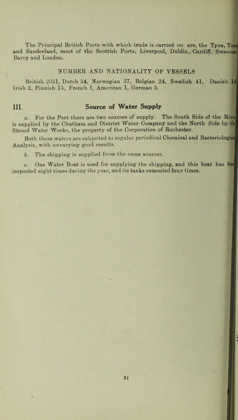 The Principal British Ports with which trade is carried on are, the Tyne, Tees and Sunderland, most of the Scottish Ports, Liverpool, Dublin, Cardiff, Swansea Barry and London. NUMBER AND NATIONALITY OF VESSELS British 2051, Dutch 54, Norwegian 37, Belgian 24, Swedish 41, Danish 14 Irish 2, Finnish 15, French 1, American 1, German 5. III. Source of Water Supply a. For the Port there are two sources of supply. The South Side of the Rive is supplied by the Chatham and District Water Company and the North Side by th Strood Water Works, the property of the Corporation of Rochester. Both these waters are subjected to regular periodical Chemical and Bacteriologici Analysis, with unvarying good results. b. The shipping is supplied from the same sources. c. One Water Boat is used for supplying the shipping, and this boat has beil inspected eight times during the year, and its tanks cemented four times.