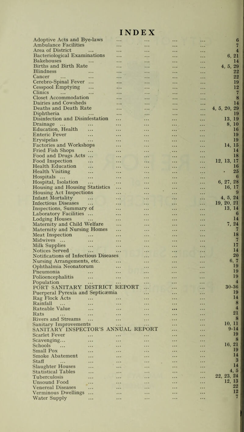 INDEX Adoptive Acts and Bye-laws ... ... ... ... 6 Ambulance Facilities ... ... ... ... 7 Area of District ... ... ... ... ... 4 Bacteriological Examinations ... ... ... ... 6, 21 Bakehouses ... ... ... ... ... 14 Births and Birth Rate ... ... ... ... 4, 5, 29 Blindness ... ... ... ... ... 22 Cancer ... ... ... ... ... ... 22 Cerebro-Spinal Fever ... ... ... ... ... 19 Cesspool Emptying ... ... ... ... ... 12 Clinics ... ... ... ... ... ... 7 Closet Accommodation ... ... ... ... 8 Dairies and Cowsheds ... ... ... ... 14 Deaths and Death Rate ... ... ... ... 4, 5, 20, 29 Diphtheria ... ... ... ... ... 19 Disinfection and Disinfestation ... ... ... ... 13, 19 Drainage ... ... ... ... ... ... 8, 10 Education, Health ... ... ... ... ... 16 Enteric Fever ... ... ... ... ... 19 Erysipelas ... ... ... ... ... 19 Factories and Workshops ... ... ... ... 14,15 Fried Fish Shops ... ... ... ... ... 14 Food and Drugs Acts ... ... ... ... ... 18 Food Inspection ... ... ... ... ... 12, 13, 17 Health Education ... ... ... ... ... 16 Health Visiting ... ... ... ... ... • 25 Hospitals ... ... ... ... ... ... 6 Hospital, Isolation ... ... ... ... ... 6, 27, 28 Housing and Housing Statistics ... ... ... ... 16, 17 Housing Act Inspections ... ... ... ... 9 Infant Mortality ... ... ... ... ... 4,5,24 Infectious Diseases ... ... ... ... ... 19, 20, 21 Inspections, Summary of ... ... ... ... 13, 14 Laboratory Facilities ... ... ... ... ... 6 Lodging Houses ... ... ... ... ... 14 Maternity and Child Welfare ... ... ... ... 7, 24 Maternity and Nursing Homes ... ... ... ... 7 Meat Inspection ... ... ... ... ... 18 Midwives ... ... ... ... ... ... 7 Milk Supplies ... ... ... ... ... 17 Notices Served ... ... ... ... ... 14 Notifications of Infectious Diseases ... ... ... 20 Nursing Arrangements, etc. ... ... ... ... 6, 7 Ophthalmia Neonatorum ... ... ... ... 19 Pneumonia ... ... ... ... ... 19 Polioencephalitis ... ... ... ... ... 19 Population ... ... ... ... ... 4 PORT SANITARY DISTRICT REPORT ... ... ... 30-36 Puerperal Pyrexia and Septicaemia ... ... ... 19 Rag Flock Acts ... ... ... ... ... 14 Rainfall ... ... ... ••• ••• 8 Rateable Value Rats ... ... ••• ••• ••• 21 Rivers and Streams ... ... ... ... ... 8 Sanitary Improvements ... ... ... ... 10, 11 SANITARY INSPECTOR’S ANNUAL REPORT ... ... 9-14 Scarlet Fever ... ... ... ... ... 19 Scavenging... ... ... ... ••• ••• 8 Schools ... ... ••• ••• ••• ••• 16, 21 Small Pox Smoke Abatement ... ... ... ••• ... 14 Staff ... ... ... . ••• ••• 9 Slaughter Houses ... ... ... ... ... 14 Statistical Tables ... ... ... 4, 5 Tuberculosis ... ... ••• ••• ••• 22, 23, 24 Unsound Food ... ... ... ••• ••• 12. 13 Venereal Diseases ... ... ... ... ... *1 Verminous Dwellings ... ... ... ... ... 12 Water Supply ... ... ••• *