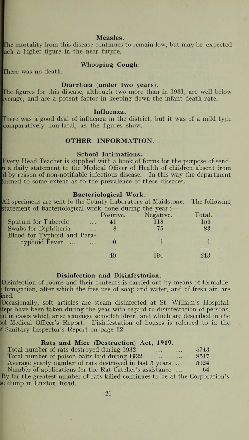 Measles. The mortality from this disease continues to remain low, but may be expected ach a higher figure in the near future. Whooping Cough. There was no death. Diarrhoea (under two years). The figures for this disease, although two more than in 1931, are well below Lverage, and are a potent factor in keeping down the infant death rate. Influenza. There was a good deal of influenza in the district, but it was of a mild type comparatively non-fatal, as the figures show. OTHER INFORMATION. School Intimations. Every Head Teacher is supplied with a book of forms for the purpose of send- n a daily statement to the Medical Officer of Health of children absent from }1 by reason of non-notifiable infectious disease. In this way the department ormed to some extent as to the prevalence of these diseases. Bacteriological Work. All specimens are sent to the County Laboratory at Maidstone. The following statement of bacteriological work done during the year :— Positive. Negative. Total. Sputum for Tubercle 41 118 159 Swabs for Diphtheria 8 75 83 Blood for Typhoid and Para¬ typhoid Fever ... 0 1 1 49 194 243 Disinfection and Disinfestation. Disinfection of rooms and their contents is carried out by means of formalde- : fumigation, after which the free use of soap and water, and of fresh air, are ined. Occasionally, soft articles are steam disinfected at St. William’s Hospital, steps have been taken during the year with regard to disinfestation of persons, pt in cases which arise amongst schoolchildren, and which are described in the )ol Medical Officer’s Report. Disinfestation of houses is referred to in the :f Sanitary Inspector’s Report on page 12. Rats and Mice (Destruction) Act, 1919. Total number of rats destroyed during 1932 ... ... 5743 Total number of poison baits laid during 1932 ... ... 8517 Average yearly number of rats destroyed in last 5 years ... 5024 Number of applications for the Rat Catcher’s assistance ... 64 By far the greatest number of rats killed continues to be at the Corporation’s se dump in Cuxton Road.