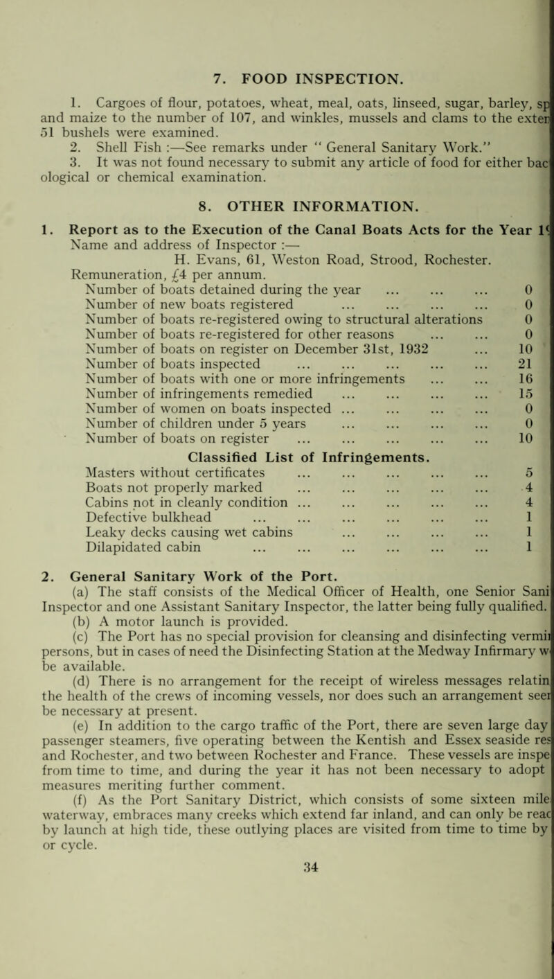 7. FOOD INSPECTION. 1. Cargoes of flour, potatoes, wheat, meal, oats, linseed, sugar, barley, sp and maize to the number of 107, and winkles, mussels and clams to the exter 51 bushels were examined. 2. Shell Fish :—See remarks under “ General Sanitary Work.” 3. It was not found necessary to submit any article of food for either bac ological or chemical examination. 8. OTHER INFORMATION. 1. Report as to the Execution of the Canal Boats Acts for the Year 1(. Name and address of Inspector :— H. Evans, 61, Weston Road, Strood, Rochester. Remuneration, /4 per annum. Number of boats detained during the year ... ... ... 0 Number of new boats registered ... ... ... ... 0 Number of boats re-registered owing to structural alterations 0 Number of boats re-registered for other reasons ... ... 0 Number of boats on register on December 31st, 1932 ... 10 Number of boats inspected ... ... ... ... ... 21 Number of boats with one or more infringements ... ... 16 Number of infringements remedied ... ... ... ... 15 Number of women on boats inspected ... ... ... ... 0 Number of children under 5 years ... ... ... ... 0 Number of boats on register ... ... ... ... ... 10 Classified List of Infringements. Masters without certificates ... ... ... ... ... 5 Boats not properly marked ... ... ... ... ... 4 Cabins not in cleanly condition ... ... ... ... ... 4 Defective bulkhead ... ... ... ... ... ... 1 Leaky decks causing wet cabins ... ... ... ... 1 Dilapidated cabin ... ... ... ... ... ... 1 2. General Sanitary Work of the Port. (a) The staff consists of the Medical Officer of Health, one Senior Sani Inspector and one Assistant Sanitary Inspector, the latter being fully qualified. (b) A motor launch is provided. (c) The Port has no special provision for cleansing and disinfecting vermii persons, but in cases of need the Disinfecting Station at the Medway Infirmary w be available. (d) There is no arrangement for the receipt of wireless messages relatin the health of the crews of incoming vessels, nor does such an arrangement seei be necessary at present. (e) In addition to the cargo traffic of the Port, there are seven large day passenger steamers, five operating between the Kentish and Essex seaside res and Rochester, and two between Rochester and France. These vessels are inspe from time to time, and during the year it has not been necessary to adopt measures meriting further comment. (f) As the Port Sanitary District, which consists of some sixteen mile waterway, embraces many creeks which extend far inland, and can only be reac by launch at high tide, these outlying places are visited from time to time by or cycle.