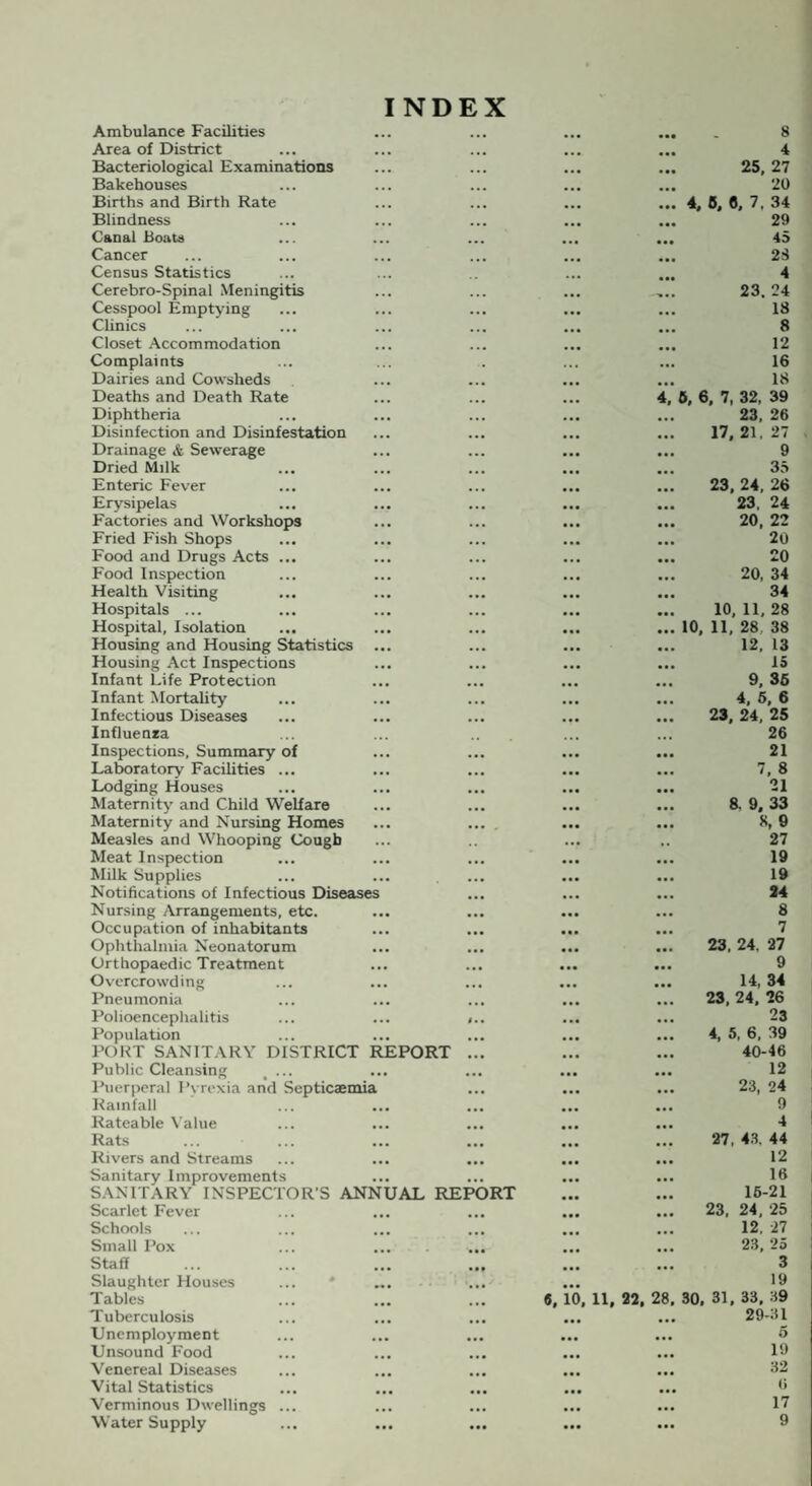 INDEX Ambulance Facilities ... ... ... ... 8 Area of District ... ... 4 Bacteriological Examinations ... 25, 27 Bakehouses ... ... ... 20 Births and Birth Rate ... ... 4, 5, fl, 7, 34 Blindness ... ... 29 Canal Boats ... ... ... 45 Cancer ... ... 23 Census Statistics 4 Cerebro-Spinal Meningitis . . . ... 23. 24 Cesspool Emptying ... ... • •• 18 Clinics ... ... 8 Closet Accommodation ... ... 12 Complaints 16 Dairies and Cowsheds ... 18 Deaths and Death Rate ... 4, 6, 6, 7, 32, 39 Diphtheria ... ... ... 23, 26 Disinfection and Disinfestation ... 17, 21. 27 Drainage & Sewerage • •• ... ... 9 Dried Milk ... ... 35 Enteric Fever ... ... 23, 24, 26 Erysipelas • •• ... ... 23, 24 Factories and Workshops ... • •• 20, 22 Fried Fish Shops • •• 20 Food and Drugs Acts ... • •• 20 Food Inspection ... 20, 34 Health Visiting ... ... 34 Hospitals ... ... 10, 11, 28 Hospital, Isolation ... 10, 11, 28 38 Housing and Housing Statistics • •• ... 12, 13 Housing Act Inspections • •• ... 15 Infant Life Protection ... 9, 35 Infant Mortality ... ... 4, 5, 6 Infectious Diseases ... ... ... 23, 24, 25 Influenza ... 26 Inspections, Summary of ... ... 21 Laboratory Facilities ... ... 7, 8 Lodging Houses ... ... • •• 21 Maternity and Child Welfare ... ... • •• 8. 9. 33 Maternity and Nursing Homes ... ... ... • •• 8, 9 Measles and Whooping Cough ... 27 Meat Inspection ... • •• 19 Milk Supplies ... ... 19 Notifications of Infectious Diseases ... • •• 24 Nursing Arrangements, etc. • •• • •• • •• 8 Occupation of inhabitants ... ... 7 Ophthalmia Neonatorum ... ... 23. 24. 27 Orthopaedic Treatment ... ... 9 Overcrowding ... ... 14, 34 Pneumonia ... ... 23, 24, 26 Polioencephalitis ... • •• 23 Population ... ... 4, 5, 6, 39 PORT SANITARY DISTRICT REPORT ... ... 40-46 Public Cleansing ... ... ... 12 Puerperal Pyrexia and Septicaemia ... 23, 24 Rainfall ... ... ... 9 Rateable Value ... ... 4 Rats ... 27, 43. 44 Rivers and Streams ... • • • ... 12 Sanitary Improvements ... 16 SANITARY INSPECTOR'S ANNUAL REPORT • •• 16-21 Scarlet Fever ... • • • 23, 24, 25 Schools ... ... ... 12. 27 Small Pox ... ... 23, 25 Staff ... ,|f 3 Slaughter Houses Tables — ... 10. 11, 22, 28. 19 30. 31, 33. 39 Tuberculosis ... 29-31 Unemployment ... ... 5 Unsound Food ... 19 Venereal Diseases ... 32 Vital Statistics ... 6 Verminous Dwellings ... ... • •• 17 Water Supply ... • •• ... ... 9