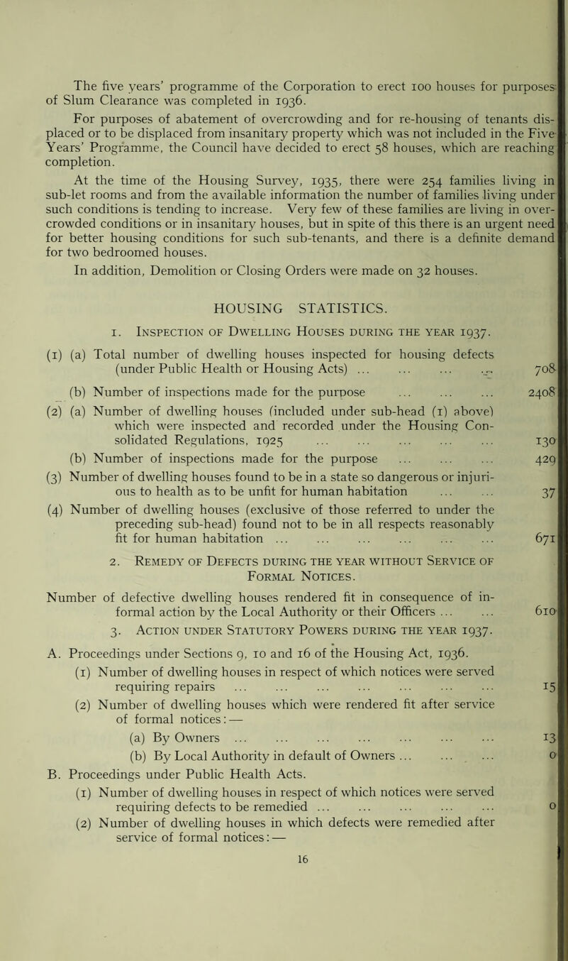 The five years’ programme of the Corporation to erect ioo houses for purposes: of Slum Clearance was completed in 1936. For purposes of abatement of overcrowding and for re-housing of tenants dis¬ placed or to be displaced from insanitary property which was not included in the Five- Years’ Programme, the Council have decided to erect 58 houses, which are reaching completion. At the time of the Housing Survey, 1935, there were 254 families living in sub-let rooms and from the available information the number of families living under such conditions is tending to increase. Very few of these families are living in over¬ crowded conditions or in insanitary houses, but in spite of this there is an urgent need for better housing conditions for such sub-tenants, and there is a definite demand for two bedroomed houses. In addition, Demolition or Closing Orders were made on 32 houses. HOUSING STATISTICS. 1. Inspection of Dwelling Houses during the year 1937. (1) (a) Total number of dwelling houses inspected for housing defects (under Public Health or Housing Acts) ... ... ... 708- (b) Number of inspections made for the purpose ... ... ... 2408 (2) (a) Number of dwelling houses (included under sub-head (1) above) which were inspected and recorded under the Housing Con¬ solidated Regulations, 1923 ... ... ... ... ... 130 (b) Number of inspections made for the purpose ... ... ... 429 (3) Number of dwelling houses found to be in a state so dangerous or injuri¬ ous to health as to be unfit for human habitation ... .. 37 (4) Number of dwelling houses (exclusive of those referred to under the preceding sub-head) found not to be in all respects reasonably fit for human habitation ... ... ... ... ... ... 671 2. Remedy of Defects during the year without Service of Formal Notices. Number of defective dwelling houses rendered fit in consequence of in¬ formal action by the Local Authority or their Officers ... ... 610 3. Action under Statutory Powers during the year 1937. A. Proceedings under Sections 9, 10 and 16 of the Housing Act, 1936. (1) Number of dwelling houses in respect of which notices were served requiring repairs ... ... ... ... ... ... ... 15 (2) Number of dwelling houses which were rendered fit after service of formal notices: — (a) By Owners ... ... ... ... ... ... 13 (b) By Local Authority in default of Owners ... ... ... 0 B. Proceedings under Public Health Acts. (1) Number of dwelling houses in respect of which notices were served requiring defects to be remedied ... ... ... ... ... o (2) Number of dwelling houses in which defects were remedied after service of formal notices: —