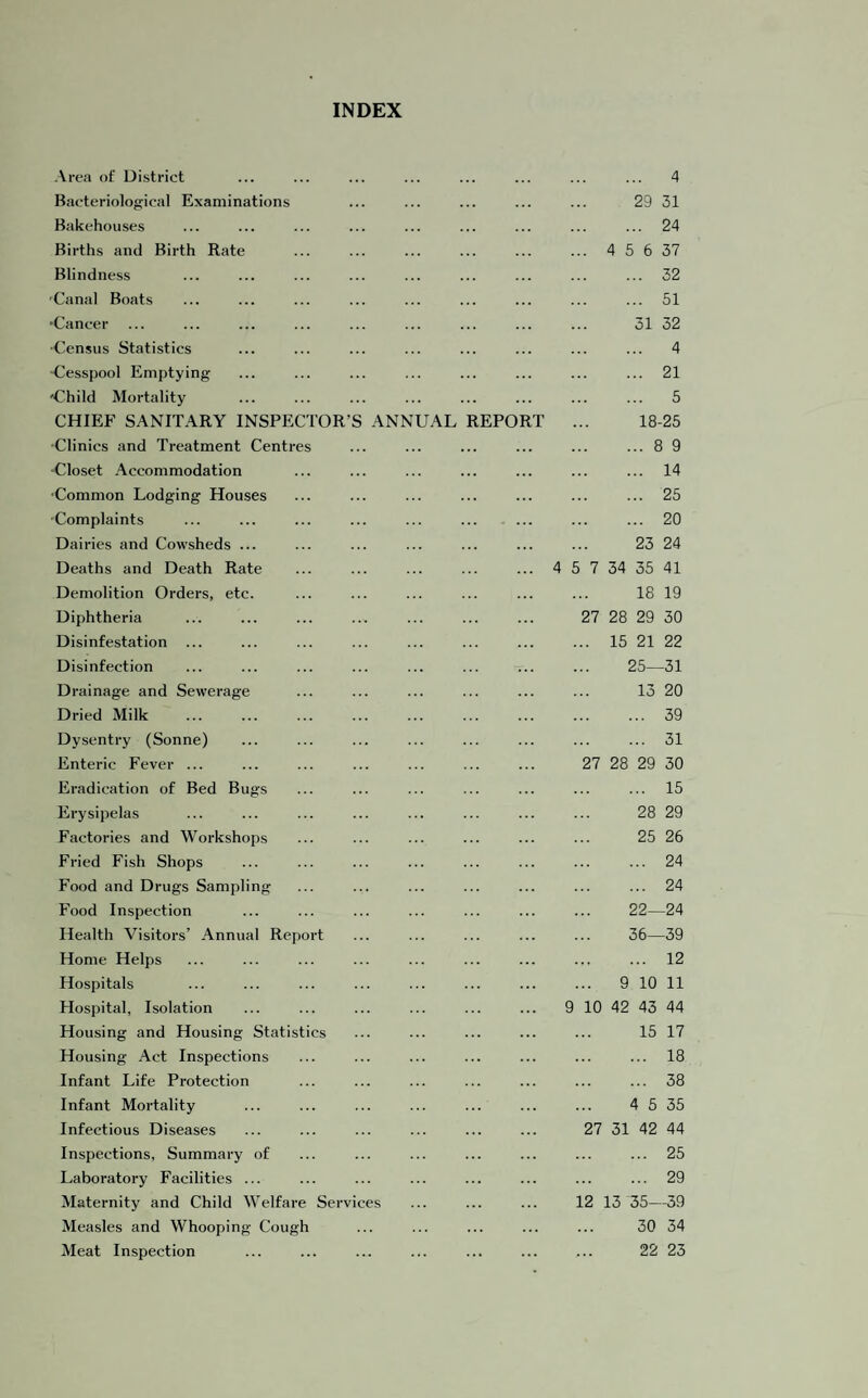 INDEX Area of District Bacteriological Examinations Bakehouses Births and Birth Rate Blindness ■Canal Boats •Cancer •Census Statistics •Cesspool Emptying •Child Mortality CHIEF SANITARY INSPECTOR- ■Clinics and Treatment Centres •Closet Accommodation •Common Lodging Houses •Complaints Dairies and Cowsheds ... Deaths and Death Rate Demolition Orders, etc. Diphtheria Disinfestation ... Disinfection Drainage and Sewerage Dried Milk Dysentry (Sonne) Enteric Fever ... Eradication of Bed Bugs Erysipelas Factories and Workshops Fried Fish Shops Food and Drugs Sampling Food Inspection Health Visitors’ Annual Report Home Helps Hospitals Hospital, Isolation Housing and Housing Statistics Housing Act Inspections Infant Life Protection Infant Mortality Infectious Diseases Inspections, Summary of Laboratory Facilities ... Maternity and Child Welfare Serv Measles and Whooping Cough Meat Inspection ANNUAL es EPO . 4 29 31 . 24 ... 4 5 6 37 . 32 . 51 31 32 . 4 . 21 ... 5 18-25 .8 9 . 14 . 25 . 20 23 24 4 5 7 34 35 41 18 19 27 28 29 30 ... 15 21 22 25—31 13 20 . 39 . 31 27 28 29 30 . 15 28 29 25 26 . 24 . 24 22—24 36—39 . 12 ... 9 10 11 9 10 42 43 44 15 17 . 18 . 38 4 5 35 27 31 42 44 . 25 . 29 12 13 155—39 30 34 22 23