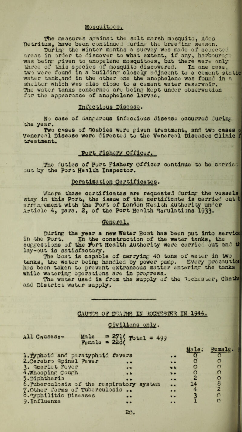 Mosquitoes, / The measures against the salt marsh mosquito, Ades Detritus, have been continued during the breeding season. During the winter months a survey was made of selected areas in order to discover to what extent, if any, harbourage was beinr riven to anopelene mosquitoes, but there were only three of this species of mosquito discovered. In one case, two were found in a building closely adjacent to a cement static water tank,and in the other one the anophelene was found in a shelter which was also close to a cement water reservoir. The water tanks concerned are beinr kept under observation for the appearance of anophelene larvae. Infectious Disease. No case of aangerous infectious disease occurred during the year. Two cases of scabies were riven treatment, and two cases o Venereal Disease were directed to the Venereal Diseases Clinic f treatment. Port fishery Officer. The duties of Port Fishery officer continue to be carrier j out by the Port Health Inspector. Deratisatlon Certificates. Where these certificates are requested durinr the vessels stay in this Port, the issue of the certificate is oarried out t arrangement with the Port of London Health Authority un^er Article 4, para. 2, of the Port Health ferulations 1933* t mm general. Diiring the year a new Water Boat has been put into service in the port. In the construction of the water tanks, the suggestions of the !*ort Health Authority were carried out and U lay-out is satisfactory. The boat is capable of carrying 40 tons of water in two tanks, the water being handled by power pump. Every precautior has been taken to prevent extraneous matter entering the tanks while watering operations are in progress. The water used is from the supply of the Rochester, Chatlu and District water supply. CAUSES 0? DEATHS IN IN 1944 Civilians only. All Causes*- Male Female |71( Total =» 499 9 • 9 % 9 fc 1. Typhoid and paratyphoid fevers 2. Cerebro Spinal Fever 3. Scarlet Fever 4. Whooping Cough 5. Diphtheria . * 6. Tuberculosis of the respiratory system .Other forms of Tuberculosis •« .Syphilitic Diseases •• 9.Influenza .. I # ♦ V % % 9 • • • • % » • • iia le; cT o o o 2 14 4 3 1 Female, O O o o o 8 2 o o