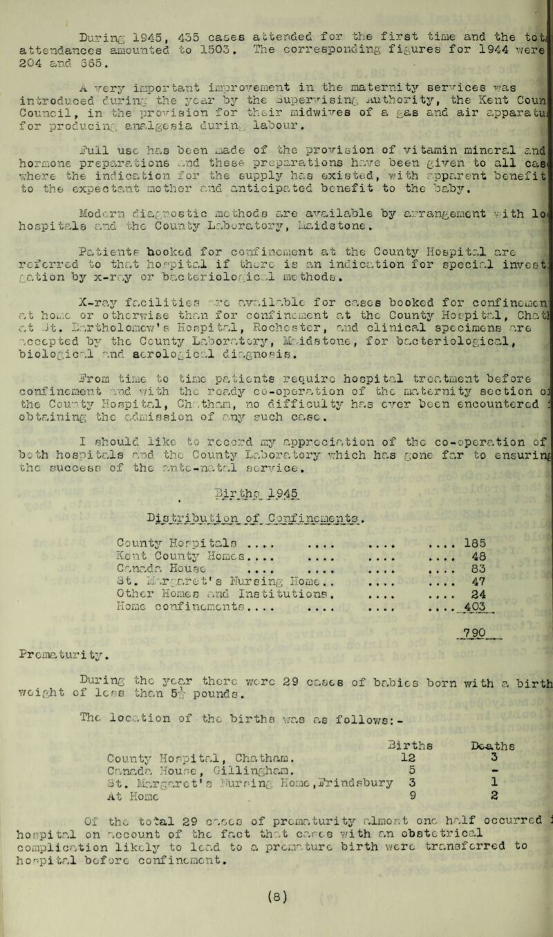 During 1945, 455 cases attended for the first time and the tot; attendances amounted to 1503. The corresponding figures for 1944 were 204 and. 365. a. very important improvement in the maternity services was introduced during the year by the ~>upe raising Authority, the Kent Coun Council, in the provision for their midwives of a gas and air apparatu, for producing analgesia durin:. labour. Pull use has been made of the provision of vitamin mineral and hormone preparations /nd these preparations have been given to all casi where the indication for the suppljr has existed, with apparent benefit to the expectant mother and anticipated benefit to the baby, Modern diagnostic methods are available by arrangement with loi hospitals and the County Laboratory, Maidstone. Patients boohed for confinement at the County Hospital are referred to that hospital if th^rc is an indication for special invest: gation by x-ray or bacteriological methods. X-ray facilities •■•re available for cases booked for confinemen at home or otherwise than for confinement at the County Hospital, Chat} at Jt. Bartholomew*s Hospital, Rochester, and clinical specimens are accepted by the County Laboratory, Maidstone, for bacteriological, biological and serological diagnosis. Prom time to time patients require hospital treatment before confinement vo.d with the ready co-operation of the maternity section oJ the County Hospital, Chatham, no difficulty has ever been encountered : obtaining the admission of any rruch case. I should like to record my appreciation of the co-operation of both hospitals and the Counts’- Laboratory which has gone far to ensuring the success of the ante-natal service. 3ir_thp_ 1945 DisJ:igibutian_ pjf_ _C_onfi ne mentp.. County Horpitain .... .... Kent County Homes.... .... Canada House .... .... 31. Li\r r ar e t* s ilur eing Home . . Other Homes and Institutions, Home confinements.... .... 790 48 83 47 24 403 Promaturity. During the year there were 29 cases of babies born with a birth weight of 1 ce£! than 5g- pounds. The location of the births was as follows:- Births Deaths County Hospital, Chatham. 12 3 Canada House, Gillingham. 5 31, Margaret’s .burning Home ,Prindsbury 3 1 At Home . 9 2 Of the total 29 cases of prematurity almost one half occurred J hospital on account of the fact that cares with an obstetrical complication likely to lead to a premature birth were transferred to hospital before confinement. (S)