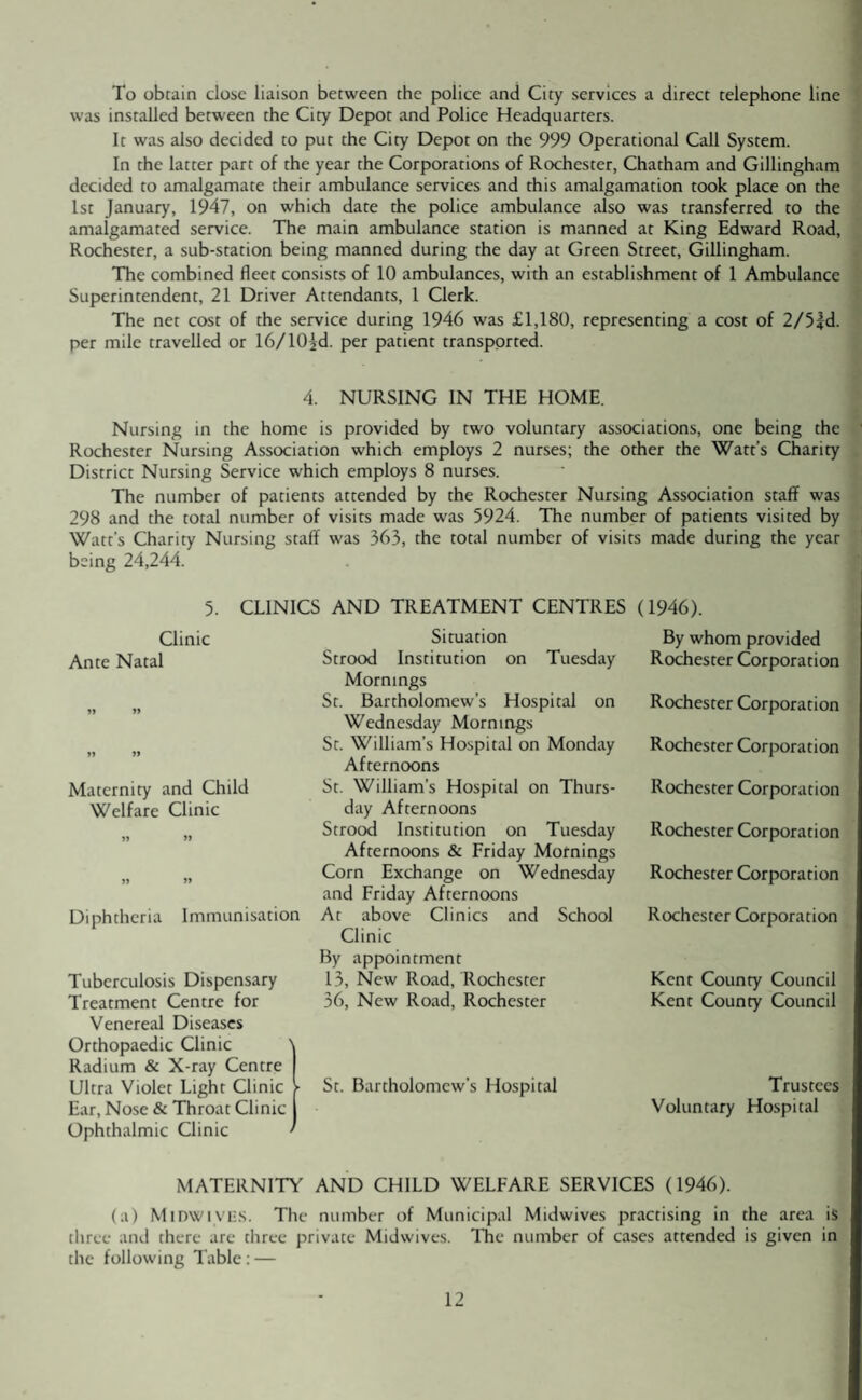 To obtain close liaison between the police and City services a direct telephone line was installed between the City Depot and Police Headquarters. It was also decided to put the City Depot on the 999 Operational Call System. In the latter part of the year the Corporations of Rochester, Chatham and Gillingham decided to amalgamate their ambulance services and this amalgamation took place on the 1st January, 1947, on which date the police ambulance also was transferred to the amalgamated service. The main ambulance station is manned at King Edward Road, Rochester, a sub-station being manned during the day at Green Street, Gillingham. The combined fleet consists of 10 ambulances, with an establishment of 1 Ambulance Superintendent, 21 Driver Attendants, 1 Clerk. The net cost of the service during 1946 was £1,180, representing a cost of 2/5|d. per mile travelled or 16/lO^d. per patient transported. 4. NURSING IN THE HOME. Nursing in the home is provided by two voluntary associations, one being the Rochester Nursing Association which employs 2 nurses; the other the Watt’s Charity District Nursing Service which employs 8 nurses. The number of patients attended by the Rochester Nursing Association staff was 298 and the total number of visits made was 5924. The number of patients visited by Watt's Charity Nursing staff was 363, the total number of visits made during the year being 24,244. 5. CLINICS AND TREATMENT CENTRES (1946). Clinic Ante Natal Maternity and Child Welfare Clinic » » Diphtheria Immunisation Tuberculosis Dispensary Treatment Centre for Venereal Diseases Orthopaedic Clinic Radium & X-ray Centre Ultra Violet Light Clinic Ear, Nose & Throat Clinic Ophthalmic Clinic Situation Strood Institution on Tuesday Mornings St. Bartholomew’s Hospital on Wednesday Mornings St. William’s Hospital on Monday Afternoons St. William’s Hospital on Thurs¬ day Afternoons Strood Institution on Tuesday Afternoons & Friday Mornings Corn Exchange on Wednesday and Friday Afternoons At above Clinics and School Clinic By appointment 13, New Road, Rochester 36, New Road, Rochester St. Bartholomew's Hospital By whom provided Rochester Corporation Rochester Corporation Rochester Corporation Rochester Corporation Rochester Corporation Rochester Corporation Rochester Corporation Kent County Council Kent County Council Trustees Voluntary Hospital MATERNITY AND CHILD WELFARE SERVICES (1946). (a) Midwives. The number of Municipal Midwives practising in the area is three and there are three private Midwives. The number of cases attended is given in the following Table : —