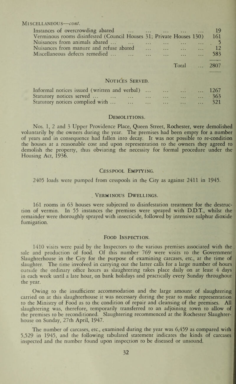 Miscellaneous—cont. Instances of overcrowding abated ... ... ... ... ... 19 Verminous rooms disinfested (Council Houses 31; Private Houses 130) 161 Nuisances from animals abated ... ... ... ... ... ... . 5 Nuisances from manure and refuse abated ... ... .:. ... 12 Miscellaneous defects remedied ... ... ... ... ... ... 583 Total ... 2807 Notices Served. Informal notices issued (written and verbal) ... . 1267 Statutory notices served ... . 363 Statutory notices complied with ... . 321 Demolitions. Nos. 1, 2 and 3 Upper Providence Place, Queen Street, Rochester, were demolished voluntarily by the owners during the year. The premises had been empty for a number of years and in consequence had fallen into decay. It was not possible to re-condition the houses at a reasonable cost and upon representation to the owners they agreed to demolish the property, thus obviating the necessity for formal procedure under the Housing Act, 1936. Cesspool Emptying. 2405 loads were pumped from cesspools in the City as against 2411 in 1945. Verminous Dwellings. 161 rooms in 63 houses were subjected to disinfestation treatment for the destruc¬ tion of vermin. In 55 instances the premises were sprayed with D.D.T., whilst the remainder were thoroughly sprayed with insecticide, followed by intensive sulphur dioxide fumigation. Food Inspection. 1410 visits were paid by the Inspectors to the various premises associated with the sale and production of food. Of this number 769 were visits to the Government Slaughterhouse in the City for the purpose of examining carcases, etc., at the time of slaughter. The time involved in carrying out the latter calls for a large number of hours outside the ordinary office hours as slaughtering takes place daily on at least 4 days in each week until a late hour, on bank holidays and practically every Sunday throughout the year. Owing to the insufficient accommodation and the large amount of slaughtering carried on at this slaughterhouse it was necessary during the year to make representation to the Ministry of Food as to the condition of repair and cleansing of the premises. All slaughtering was, therefore, temporarily transferred to an adjoining town to allow of the premises to be reconditioned. Slaughtering recommenced at the Rochester Slaughter¬ house on Sunday, 27th April, 1947. The number of carcases, etc., examined during the year was 6,459 as compared with 5,529 in 1945, and the following tabulated statement indicates the kinds of carcases inspected and the number found upon inspection to be diseased or unsound.