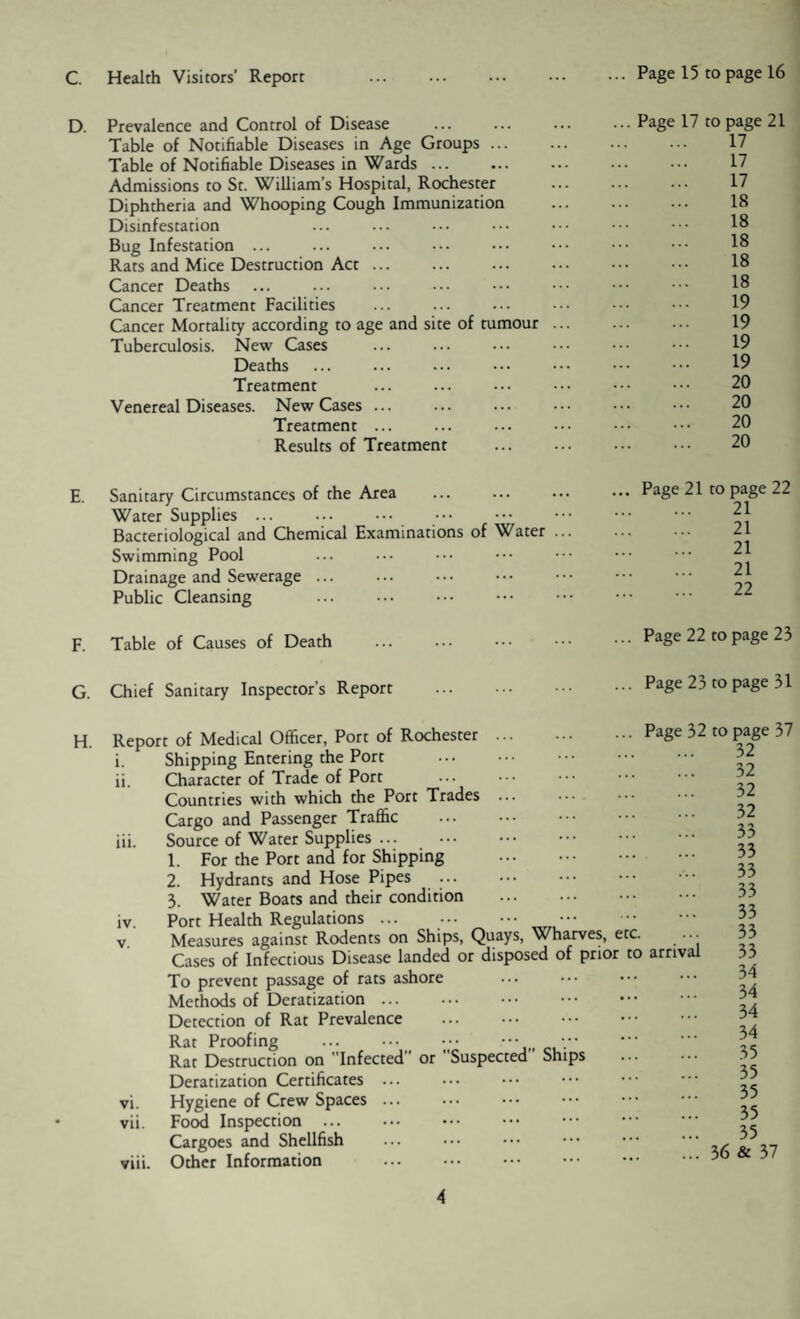 c. Health Visitors’ Report ... Page 15 to page 16 D. Prevalence and Control of Disease Table of Notifiable Diseases in Age Groups. Table of Notifiable Diseases in Wards. Admissions to St. William’s Hospital, Rochester Diphtheria and Whooping Cough Immunization Disinfestation Bug Infestation ... Rats and Mice Destruction Act. Cancer Deaths Cancer Treatment Facilities Cancer Mortality according to age and site of tumour ... Tuberculosis. New Cases Deaths Treatment Venereal Diseases. New Cases. Treatment ... Results of Treatment . Page 17 to page 21 17 17 17 18 18 18 18 18 19 19 19 19 20 20 20 20 E. Sanitary Circumstances of the Area Water Supplies. . Bacteriological and Chemical Examinations of Water ... Swimming Pool Drainage and Sewerage ... Public Cleansing ... Page 21 to page 22 . 21 . 21 . 21 . 21 . 22 F. Table of Causes of Death ... Page 22 to page 23 G. Chief Sanitary Inspector’s Report ... Page 23 to page 31 H. Report of Medical Officer, Port of Rochester. i. Shipping Entering the Port . ii. Character of Trade of Port Countries with which the Port Trades Cargo and Passenger Traffic . iii. Source of Water Supplies ... 1. For the Port and for Shipping . 2. Hydrants and Hose Pipes .. 3. Water Boats and their condition . iv. Port Health Regulations ... . ••• v. Measures against Rodents on Ships, Quays, Wharves, etc. Cases of Infectious Disease landed or disposed of prior to To prevent passage of rats ashore Methods of Deratization ... Detection of Rat Prevalence . Rat Proofing . .. Rat Destruction on Infected or Suspected Ships Deratization Certificates. vi. Hygiene of Crew Spaces. vii. Food Inspection ... Cargoes and Shellfish viii. Other Information Page 32 to page 37 32 32 32 32 33 33 33 33 33 33 arrival 33 34 34 34 34 35 35 35 35 35 ... 36 & 37