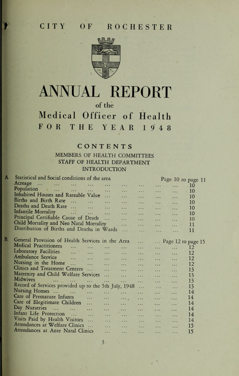 ANNUAL REPORT of the Medical Officer of Health FOR THE YEAR 1948 CONTENTS MEMBERS OF HEALTH COMMITTEES STAFF OF HEALTH DEPARTMENT INTRODUCTION A Statistical and Social conditions of the area Page Acreage ... Population Inhabited Houses and Rateable Value. Births and Birth Rate ... . Deaths and Death Rate ... Infantile Mortality Principal Certifiable Cause of Death Child Mortality and Neo Natal Mortality . Distribution of Births and Deaths in Wards. General Provision of Health Services in the Area ... Page 12 to page 15 Medical Practitioners . 12 Laboratory Facilities . 12 Ambulance Service . 12 Nursing in the Home ... . 12 Clinics and Treatment Centres ... . 13 Maternity and Child Welfare Services ... . 13 Midwives . 13 Record of Services provided up to the 5th July, 1948 ... . 13 Nursing Homes ... . 14 Care of Premature Infants . 14 Care of Illegitimate Children ... . 14 Day Nurseries . 14 Infant Life Protection . 14 Visits Paid by Health Visitors ... . 14 Attendances at Welfare Clinics. . 15 Attendances at Ante Natal Clinics . . 15 10 to page 11 10 10 10 10 10 10 10 11 11