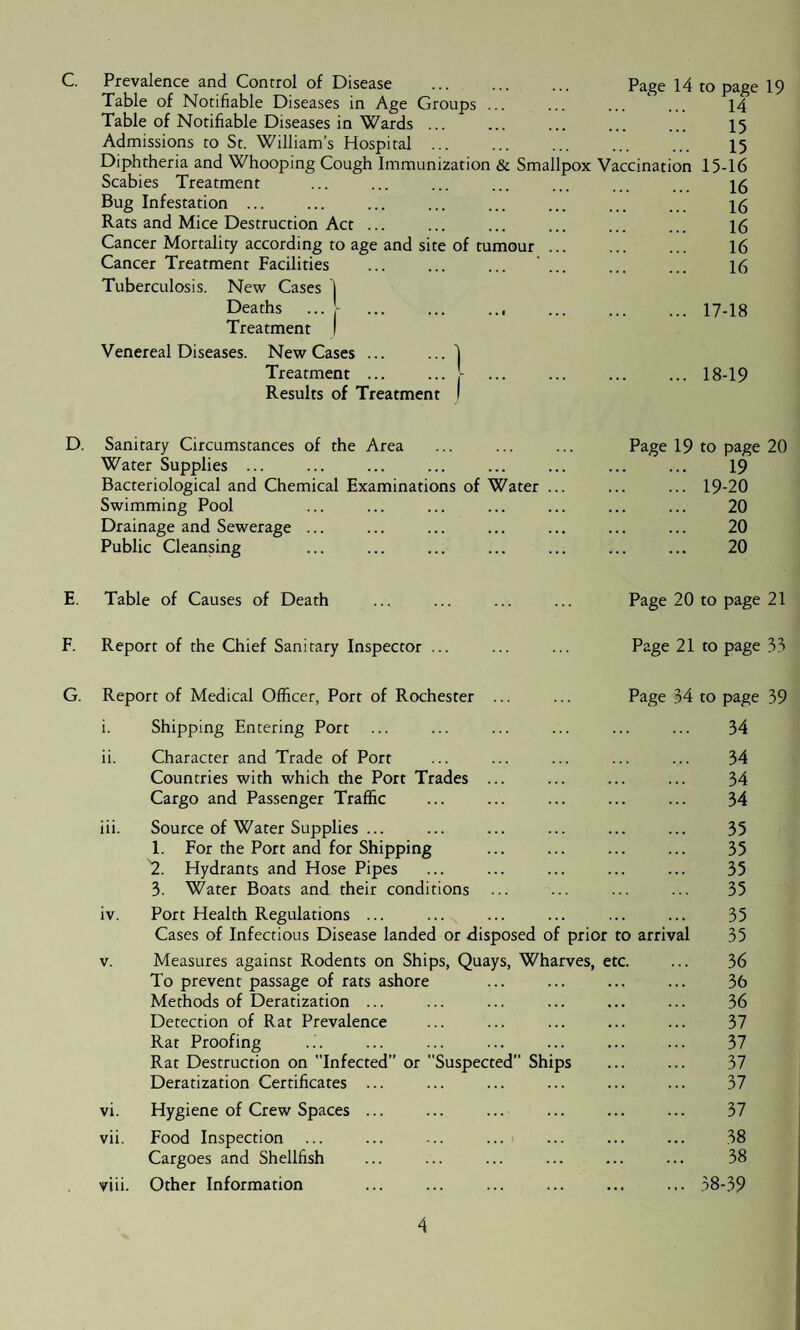 Prevalence and Control of Disease . Page 14 to page 19 Table of Notifiable Diseases in Age Groups ... ... ... ... 14 Table of Notifiable Diseases in Wards ... ... ... ... ... 15 Admissions to St. William’s Hospital. 15 Diphtheria and Whooping Cough Immunization & Smallpox Vaccination 15-16 Scabies Treatment Bug Infestation ... Rats and Mice Destruction Act ... Cancer Mortality according to age and site of tumour ... Cancer Treatment Facilities Tuberculosis. New Cases I Deaths Treatment Venereal Diseases. New Cases ... Treatment ... Results of Treatment 16 16 16 16 16 17-18 .. 18-19 D. Sanitary Circumstances of the Area ... . Page 19 to page 20 Water Supplies ... ... ... ... ... ... ... ... 19 Bacteriological and Chemical Examinations of Water ... ... ... 19-20 Swimming Pool ... ... ... ... ... ... ... 20 Drainage and Sewerage ... ... ... ... ... ... ... 20 Public Cleansing ... ... ... ... ... ... ... 20 E. Table of Causes of Death ... ... ... ... Page 20 to page 21 F. Report of the Chief Sanitary Inspector ... ... ... Page 21 to page 33 G. Report of Medical Officer, Port of Rochester ... ... Page 34 to page 39 i. Shipping Entering Port ... . 34 ii. Character and Trade of Port . 34 Countries with which the Port Trades ... . 34 Cargo and Passenger Traffic . 34 iii. Source of Water Supplies ... . 35 1. For the Port and for Shipping . 35 '2. Hydrants and Hose Pipes . 35 3. Water Boats and their conditions . 35 iv. Port Health Regulations ... . 35 Cases of Infectious Disease landed or disposed of prior to arrival 35 V. Measures against Rodents on Ships, Quays, Wharves, etc. ... 36 To prevent passage of rats ashore 36 Methods of Deratization ... ... ... 36 Detection of Rat Prevalence . 37 Rat Proofing . 37 Rat Destruction on Infected” or Suspected” Ships . 37 Deratization Certificates ... . 37 vi. Hygiene of Crew Spaces ... . 37 vii. Food Inspection ... . 38 Cargoes and Shellfish . 38 viii. Other Information . 38-39