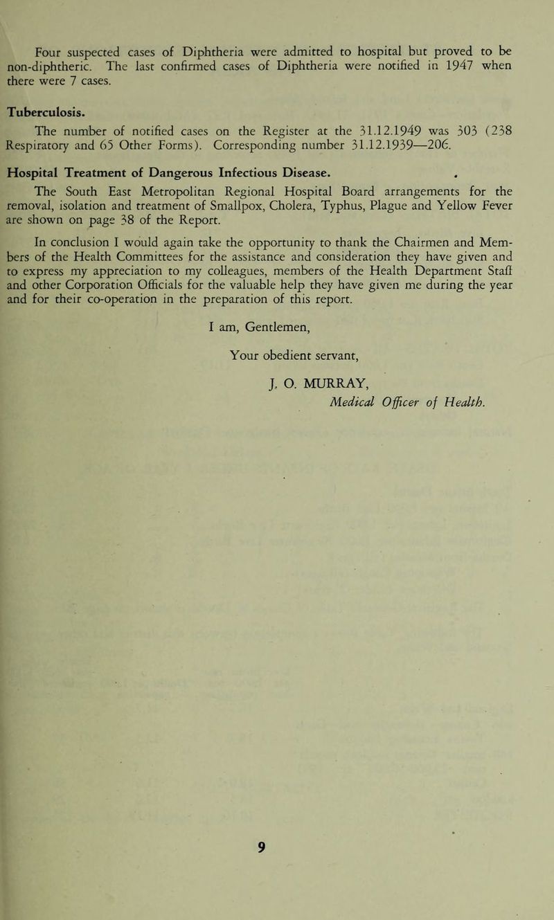 Four suspected cases of Diphtheria were admitted to hospital but proved to be non-diphtheric. The last confirmed cases of Diphtheria were notified in 1947 when there were 7 cases. Tuberculosis. The number of notified cases on the Register at the 31.12.1949 was 303 (238 Respiratory and 65 Other Forms). Corresponding number 31.12.1939—206. Hospital Treatment of Dangerous Infectious Disease. The South East Metropolitan Regional Hospital Board arrangements for the removal, isolation and treatment of Smallpox, Cholera, Typhus, Plague and Yellow Fever are shown on page 38 of the Report. In conclusion I would again take the opportunity to thank the Chairmen and Mem¬ bers of the Health Committees for the assistance and consideration they have given and to express my appreciation to my colleagues, members of the Health Department Stall and other Corporation Officials for the valuable help they have given me during the year and for their co-operation in the preparation of this report. I am, Gentlemen, Your obedient servant, J, O. MURRAY, Medical Officer of Health.