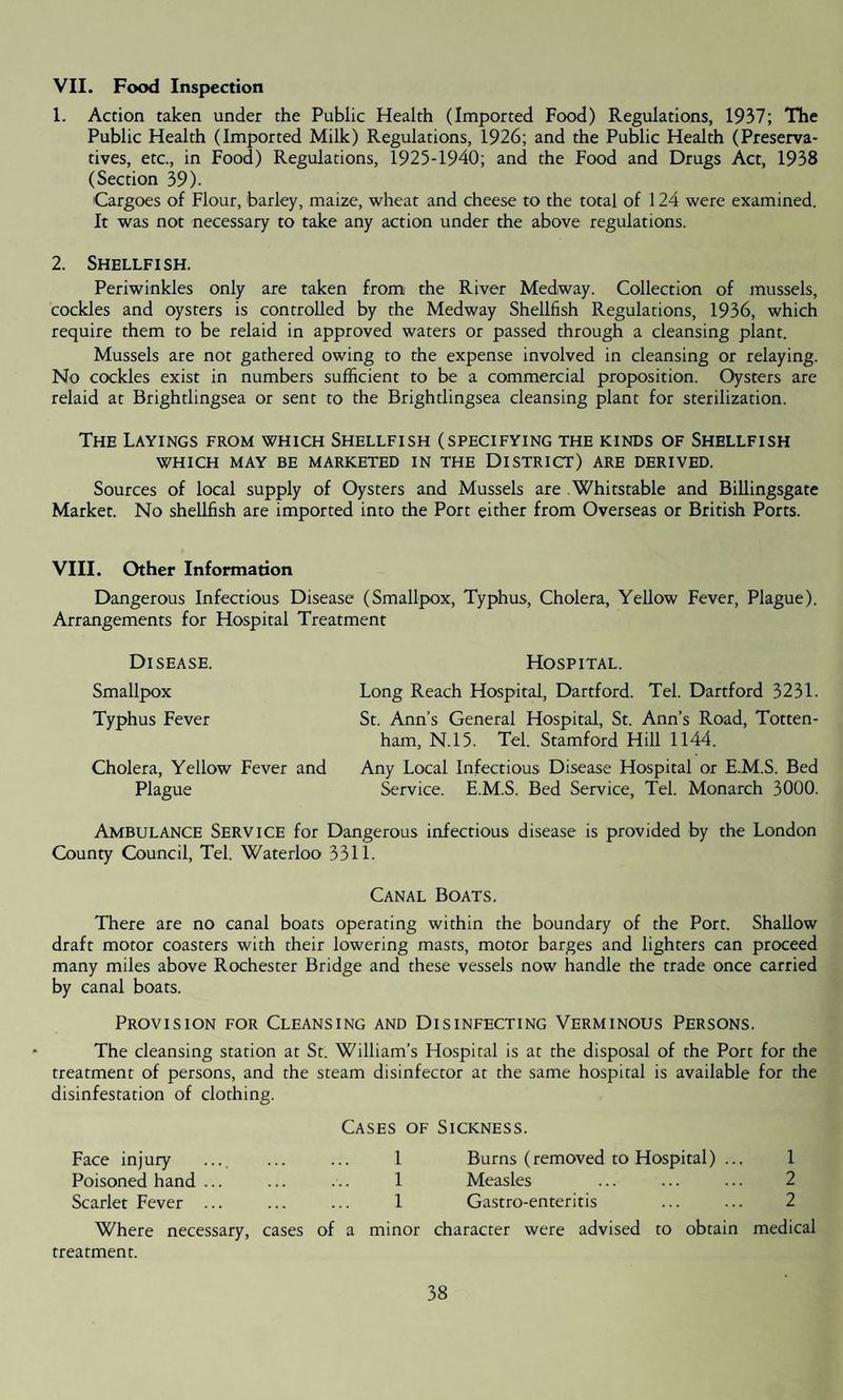 VII. Food Inspection 1. Action taken under the Public Health (Imported Food) Regulations, 1937; The Public Health (Imported Milk) Regulations, 1926; and the Public Health (Preserva¬ tives, etc., in Food) Regulations, 1925-1940; and the Food and Drugs Act, 1938 (Section 39). Cargoes of Flour, barley, maize, wheat and cheese to the total of 124 were examined. It was not necessary to take any action under the above regulations. 2. Shellfish. Periwinkles only are taken from the River Medway. Collection of mussels, cockles and oysters is controlled by the Medway Shellfish Regulations, 1936, which require them to be relaid in approved waters or passed through a cleansing plant. Mussels are not gathered owing to the expense involved in cleansing or relaying. No cockles exist in numbers sufficient to be a commercial proposition. Oysters are relaid at Brightlingsea or sent to the Brightlingsea cleansing plant for sterilization. The Layings from which Shellfish (specifying the kinds of Shellfish WHICH MAY BE MARKETED IN THE DISTRICT) ARE DERIVED. Sources of local supply of Oysters and Mussels are Whitstable and Billingsgate Market. No shellfish are imported into the Port either from Overseas or British Ports. VIII. Other Information Dangerous Infectious Disease (Smallpox, Typhus, Cholera, Yellow Fever, Plague). Arrangements for Hospital Treatment Disease. Hospital. Smallpox Long Reach Hospital, Dartford. Tel. Dartford 3231. Typhus Fever St. Ann’s General Hospital, St. Ann’s Road, Totten¬ ham, N.15. Tel. Stamford Hill 1144. Cholera, Yellow Fever and Any Local Infectious Disease Hospital or E.M.S. Bed Plague Service. E.M.S. Bed Service, Tel. Monarch 3000. Ambulance Service for Dangerous infectious disease is provided by the London County Council, Tel. Waterloo 3311. Canal Boats. There are no canal boats operating within the boundary of the Port. Shallow draft motor coasters with their lowering masts, motor barges and lighters can proceed many miles above Rochester Bridge and these vessels now handle the trade once carried by canal boats. Provision for Cleansing and Disinfecting Verminous Persons. The cleansing station at St. William’s Hospital is at the disposal of the Port for the treatment of persons, and the steam disinfector at the same hospital is available for the disinfestation of clothing. Cases of Sickness. Face injury 1 Burns (removed to Hospital) ... 1 Poisoned hand ... 1 Measles 2 Scarlet Fever ... 1 Gastro-enteritis 2 Where necessary, cases of a minor character were advised to obtain medical treatment.