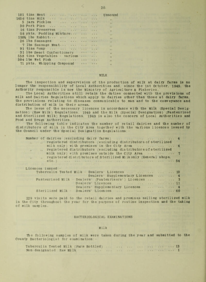 181 tins Meat .. 165 6 tins Milk . 5 jars Pickles . 30 Pork Pies.. 16 tins Preserves . ... 58 pkts. Pudding Mixture... 150% lbs Rabbit. 26 lbs Sausages . 7 lbs Sausage Meat. 91 tins ^oup . 31 lbs Sweet Confectionery 558 tins Vegetables - various 304 lbs Wet Fish 71 pkts. Whipping Compound Unsound MILK The inspection and supervision of the production of milk at dairy farms is no longer the responsibility of Local Authorities and since the 1st October, 1949- the Authority responsible is now the Ministry of Agriculture* Fisheries.' The Local Authorities still retain the duties connected with the provisions of milk and Dairies Regulations which apply to dairies other than those at dairy farms, the provisions relating to diseases communicable to man and to the conveyance and distribution of milk in their areas. The issue of the necessary licences in accordance with the Milk (Special Deslg nation) (Raw Milk) Regulations 1949 and the Milk (Special Designation) (Pasteurised and Sterilized Milk) Regulations 1949 is also the concern of Local Authorities and Food and Drugs Authorities The following table indicates the number of retail dairies and the number of distributors of milk in the City Area together with the various licences issued by the Council under the Special Designation Regulations Number of dairies (excluding dairy farms) .. . .... 4 registered distributors (excluding distributors of sterilized milk only) with premises in the City Area .4 registered distributors (excluding dis tributor s of sten lized milk only) with premises outside the City Area . •• 7 regis tered a: st n bu tor s of S ten lized Mi ik only (General shops etc » , ..54 Licences issued Tuberculin Tested Milk Dealers Licences .. ... 10 Dealers Supplementary Licences .. 4 Pasteurised Milk Dealers (Pasteurisers') Licences.3 Dealers' Licences . ... 11 Dealers Supplementary Licences 4 Sterilized Milk Dealers Licences .. ... . .60 229 visits were paid to the retail dairies and premises selling sterilized milk in the City throughout the year for the purpose of routine inspection and the taking of milk samples. BACTERIOLOGICAL EXAMINATIONS Milk The following samples of milk were taxen during the year and submitted to the County Bacteriologist for examination Tuberculin Tested Milk (Farm Bottled) ... . . ..13 Non designated Raw Milk . • . . 1