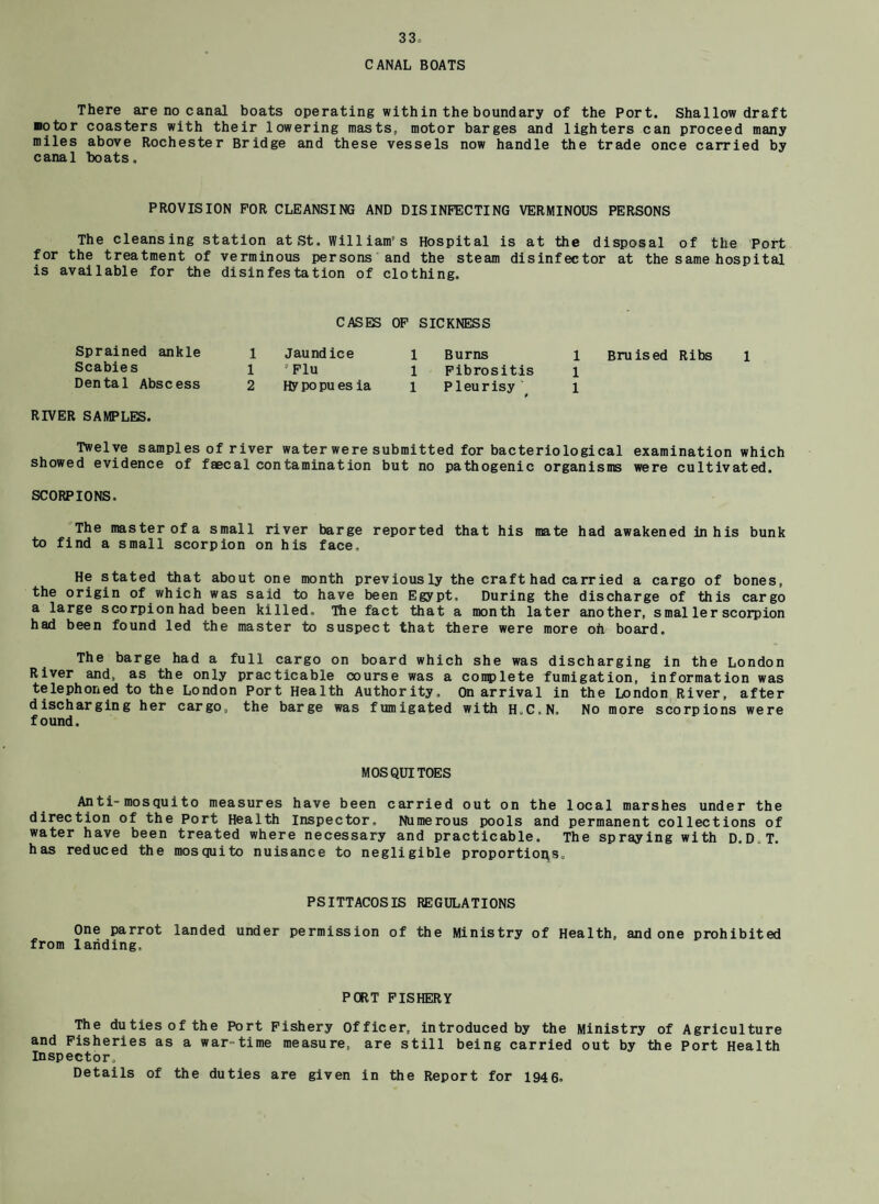 CANAL BOATS There are no canal boats operating within the boundary of the Port. Shallow draft motor coasters with their lowering masts, motor barges and lighters can proceed many miles above Rochester Bridge and these vessels now handle the trade once carried by canal boats. PROVISION FOR CLEANSING AND DISINFECTING VERMINOUS PERSONS The cleansing station at St. William' s Hospital is at the disposal of the Port for the treatment of verminous persons and the steam disinfector at the same hospital is available for the disinfestation of clothing. CASES OF SICKNESS Sprained ankle l jaundice l Burns 1 Bruised Ribs 1 Scabies 1 “Flu 1 Fibrositis i Dental Abscess 2 Hypopuesia l Pleurisy' l * RIVER SAMPLES. Twelve samples of river water were submitted for bacteriological examination which showed evidence of faecal contamination but no pathogenic organisms were cultivated. SCORPIONS. The master of a small river barge reported that his mate had awakened in his bunk to find a small scorpion on his face, He stated that about one month previously the craft had carried a cargo of bones, the origin of which was said to have been Egypt. During the discharge of this cargo a large scorpion had been killed. The fact that a month later another, smal ler scorpion had been found led the master to suspect that there were more oh board. The barge had a full cargo on board which she was discharging in the London River and, as the only practicable course was a complete fumigation, information was telephoned to the London Port Health Authority. On arrival in the London River, after discharging her cargo, the barge was fumigated with H,C.N. No more scorpions were found. MOSQUITOES An ti-mosqui to measures have been carried out on the local marshes under the direction of the Port Health Inspector. Numerous pools and permanent collections of water have been treated where necessary and practicable. The spraying with D.D.T. has reduced the mosquito nuisance to negligible proportions. PSITTACOSIS REGULATIONS One parrot landed under permission of the Ministry of Health, and one prohibited from landing. PORT FISHERY The duties of the Port Fishery officer, introduced by the Ministry of Agriculture and Fisheries as a war-time measure, are still being carried out by the Port Health Inspector, Details of the duties are given in the Report for 1946.