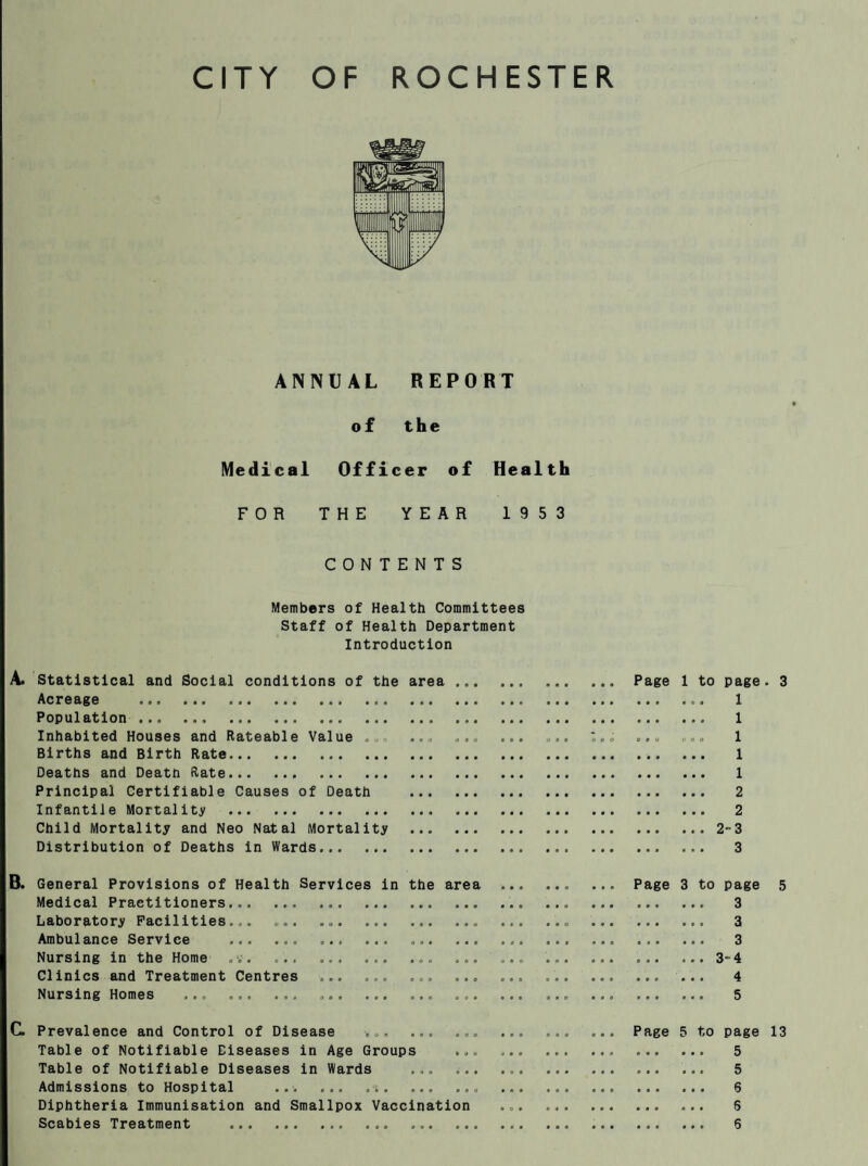 ANNUAL REPORT of the Medical Officer of Health FOR THE YEAR 1953 CONTENTS Members of Health Committees Staff of Health Department Introduction A. Statistical and Social conditions of the area ... Acreage .... ... .. . Population.... Inhabited Houses and Rateable Value . „, .... ... Births and Birth Rate. Deaths and Deatn Rate. Principal Certifiable Causes of Death . Infantile Mortality . Child Mortality and Neo Natal Mortality . Distribution of Deaths in Wards. . ... Page 1 to page . 1 . 1 . .CO o.o coo A . 1 . 1 . 2 . 2 .2 3 . ... ... ... 3 3 B. General Provisions of Health Services in the area . Page 3 to page 5 Medical Practitioners... ... ... ... ... .. ... ... 3 Laboratory Facilities... ... .... ... . 3 Ambulance Service ... ... ... ... ... ... ... ... ... 3 Nursing in the Home . v. ... ... ... ... ... ... ... ... ..3-4 Clinics and Treatment Centres ... ... ... ... ... ... ... . 4 Nursing Homes ... ... ... ... ... ... ... ... ... ... ... ... 5 C. Prevalence and Control of Disease ... ... Table of Notifiable Diseases in Age Groups Table of Notifiable Diseases in Wards ... Admissions to Hospital ... ... .;. ... Diphtheria Immunisation and Smallpox Vaccination Scabies Treatment ... ... ... .. ... ... Page 5 to page 13 .. ... .. 5 .. ... ... .. 5 .. ... ... . 6 .. ... ... ... ... G .. ... ... ... ... 6