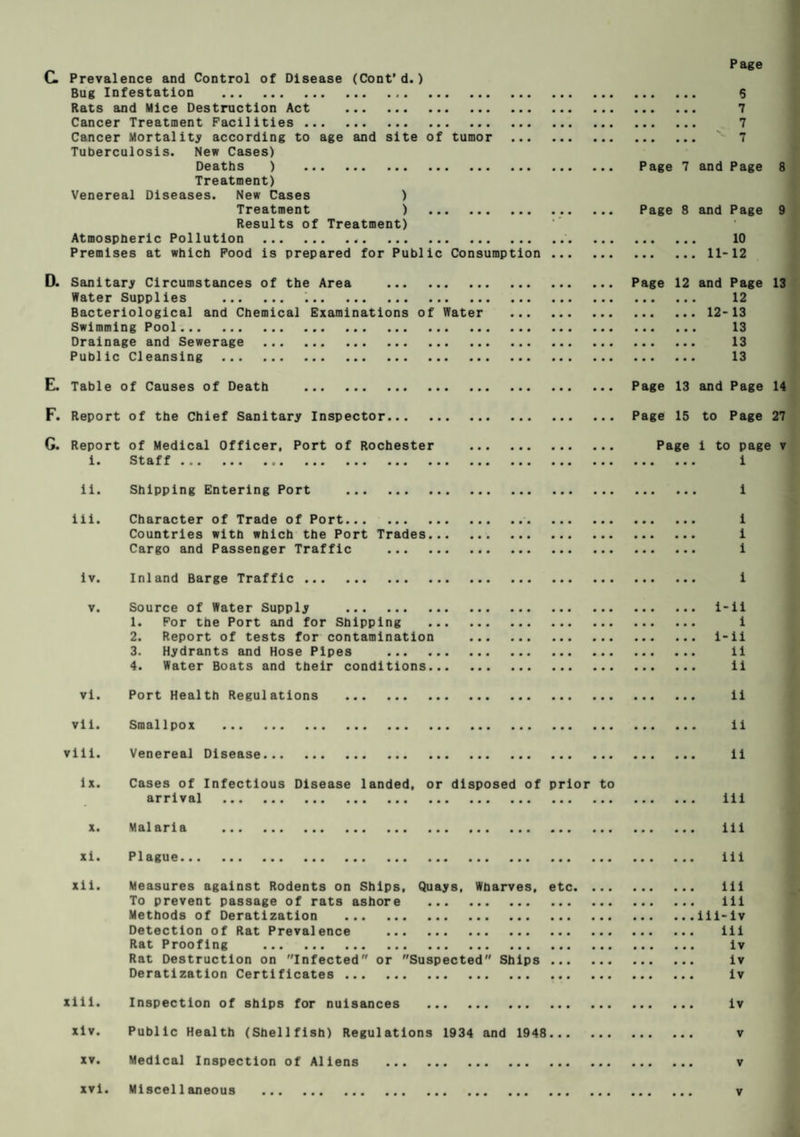 C. Prevalence and Control of Disease (Cont’d.) Bug Infestation . 6 Rats and Mice Destruction Act . 7 Cancer Treatment Facilities . 7 Cancer Mortality according to age and site of tumor . ' 7 Tuberculosis. New Cases) Deaths ) . Page 7 and Page 8 Treatment) Venereal Diseases. New Cases ) Treatment ) .. ... Page 8 and Page 9 Results of Treatment) Atmospheric Pollution . 10 Premises at which Food is prepared for Public Consumption . 11-12 D. Sanitary Circumstances of the Area . Page 12 and Page 13 Water Supplies . 12 Bacteriological and Chemical Examinations of Water . 12-13 Swimming Pool. 13 Drainage and Sewerage . 13 Public Cleansing . 13 E. Table of Causes of Death . Page 13 and Page 14 F. Report of the Chief Sanitary Inspector. Page 15 to Page 27 G. Report of Medical Officer, Port of Rochester . Page i to page v i. Staff. i ii. Shipping Entering Port . i iii. Character of Trade of Port. i Countries with which the Port Trades. i Cargo and Passenger Traffic . i lv. Inland Barge Traffic . i v. Source of Water Supply . i-ii 1. For the Port and for Shipping . i 2. Report of tests for contamination . i-ii 3. Hydrants and Hose Pipes . li 4. Water Boats and their conditions. ii vl. Port Health Regulations . ii vll. Smallpox . ii viii. Venereal Disease. ii lx. Cases of Infectious Disease landed, or disposed of prior to arrival . iii x. Malaria . ill xi. Plague. ill xil. Measures against Rodents on Ships, Quays, Wharves, etc. ill To prevent passage of rats ashore . iii Methods of Deratization .lil-iv Detection of Rat Prevalence . iii Rat Proofing . lv Rat Destruction on Infected or Suspected Ships . iv Deratization Certificates. iv xiil. Inspection of ships for nuisances . lv xlv. Public Health (Shellfish) Regulations 1934 and 1948. v xv. Medical Inspection of Allens . v xvi. Miscellaneous . v