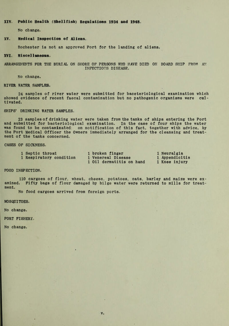 XIV Public Health (Shellfish) Regulations 1934 and 1948, No change, XV. Medical Inspection of Allens, Rochester is not an approved Port for the landing of aliens. XVI. Miscellaneous. ARRANGEMENTS FOR THE BURIAL ON SHORE OF PERSONS WHO HAVE DIED ON BOARD SHIP FROM AN INFECTIOUS DISEASE. No change RIVER WATER SAMPLES. 24 samples of river water were submitted for baceteriological examination which showed evidence of recent faecal contamination but no pathogenic organisms were cul¬ tivated. SHIPS’ DRINKING WATER SAMPLES, 23 samples of drinking water were taken from the tanks of ships entering the Port and submitted for bacteriological examination. In the case of four ships the water was found to be contaminated on notification of this fact, together with advice, by the Port Medical Officer the Owners immediately arranged for the cleansing and treat¬ ment of the tanks concerned, CASES OF SICKNESS, 1 Neuralgia 1 Appendicitis 1 Knee injury 1 Septic throat 1 Respiratory condition 1 broken finger 1 Venereal Disease 1 Oil dermatitis on hand FOOD INSPECTION. 110 cargoes of flour, wheat, cheese, potatoes, oats, barley and maize were ex¬ amined. Fifty bags of flour damaged by bilge water were returned to mills for treat¬ ment. No food cargoes arrived from foreign ports, MOSQUITOES. No change. PORT FISHERY. No change. v,