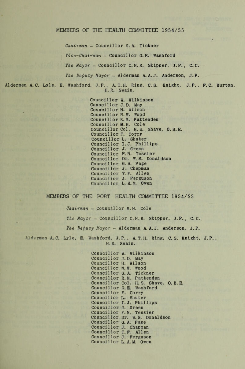 MEMBERS OF THE HEALTH COMMITTEE 1954/55 Chairman - Councillor G. A. Tickner Vice-Chairman - Councillor G. E. Washford The Mayor - Councillor C. H. R. Skipper, J.P. , C. C. The Deputy Mayor - Alderman A. A. J. Anderson, J.P. Aldermen A, C. Lyle, E. Washford, J. P. , A. T. H. Ring, C. S. Knight, J.P. , P. C. Burton, H. R. Swain. Councillor W. Wilkinson Councillor J. D. May Councillor H. Wilson Councillor N»W. Wood Councillor R. M. Pattenden Councillor M.H, Cole Councillor Col. H. S. Shave, 0. B. E. Councillor F. Corry Councillor L. Shuter Councillor X.J. Phillips Councillor J«. Green Councillor P.N. Tessier Councillor Dr. W.S. Donaldson Councillor G. A„ Page Councillor J° Chapman Councillor T. P. Allen Councillor Jo Ferguson Councillor L. A, M, Owen MEMBER.S OF THE PORT HEALTH COMMITTEE 1954/55 Chairman ~ Councillor M.H. Cole The Mayor - Councillor C. H.. R, Skipper, J. P. , C. C. The Deputy Mayor - Alderman A. A. J. Anderson, J.P. Aldermen A. C. Lyle, E. Washford, J.P, , A. T. H„ Ring, C. S. Knight, J.P. , H. R. Swain. Councillor Councillor Councillor Councillor Councillor Councillor Councillor Councillor Councillor Councillor Councillor Councillor Councillor Councillor Councillor Councillor Councillor Council lor Councillor W. Wilkinson J. D. May Ho Wilson N, Wo Wood G. A. Tickner R. Mo Pattenden Col. H. S. Shave, 0. B. E. G. E. Washford F„ Corry L„ Shuter I. J. Phillips J. Green F, N. Tessier Dr. W. S. Donaldson G. A. Page J. Chapman T. F, Al 1 en J. Ferguson Lo A. Mo Owen