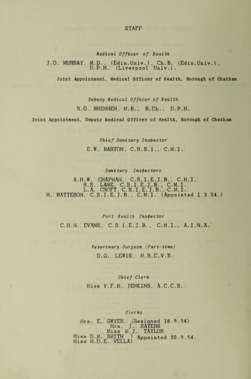 STAFF Medical Officer of Health J.O. MURRAY. M.D., (Edin.Univ.), Ch.B. (Edin.Univ.), D.P.H. (Liverpool Univ.). Joint Appointment, Medical Officer of Health, Borough of Chatham Deputy Medical Officer of Health R.G.: BRENNEN, M. B.!. B.Ch., D.P.H.: Joint Appointment, Deputy Medical Officer of Health, Borough of Chatham Chief Sanitary Inspector E.W. BARTON. C.R. S. I.!.« C.M. I. Sanitary Inspectors A.H.W. CHAPMAN. C. S. I . E. J. B.!. C.M.I.: R.S. LANE, C.S.I.E. J.B.:. C.M.I.' L. A. CROFT. C.S.I.E. J.B.!, C.M.I.! H.' BATTESON.* C.S.I.E. J.B.!, C. M. I.!(Appointed 1.3.54.) Port Health Inspector C.H.N. EVANS. C.S I.E.J.B... C.M.I.. A.I.N.A.! Veterinary Surgeon (Part-tine) D.G. LEWIS,' M.R.C.V.S. Chief Clerk Miss V.F.M.: JENKINS, A.C.C.S. Clerks Mrs. E. GWYER (Resigned Mrs. J. SAYERS Miss M.J.: TAYLOR Miss D.M. SMITH ) Appointe Miss M.D.E.: VELLA) 18.9.54) d 20.9.54.